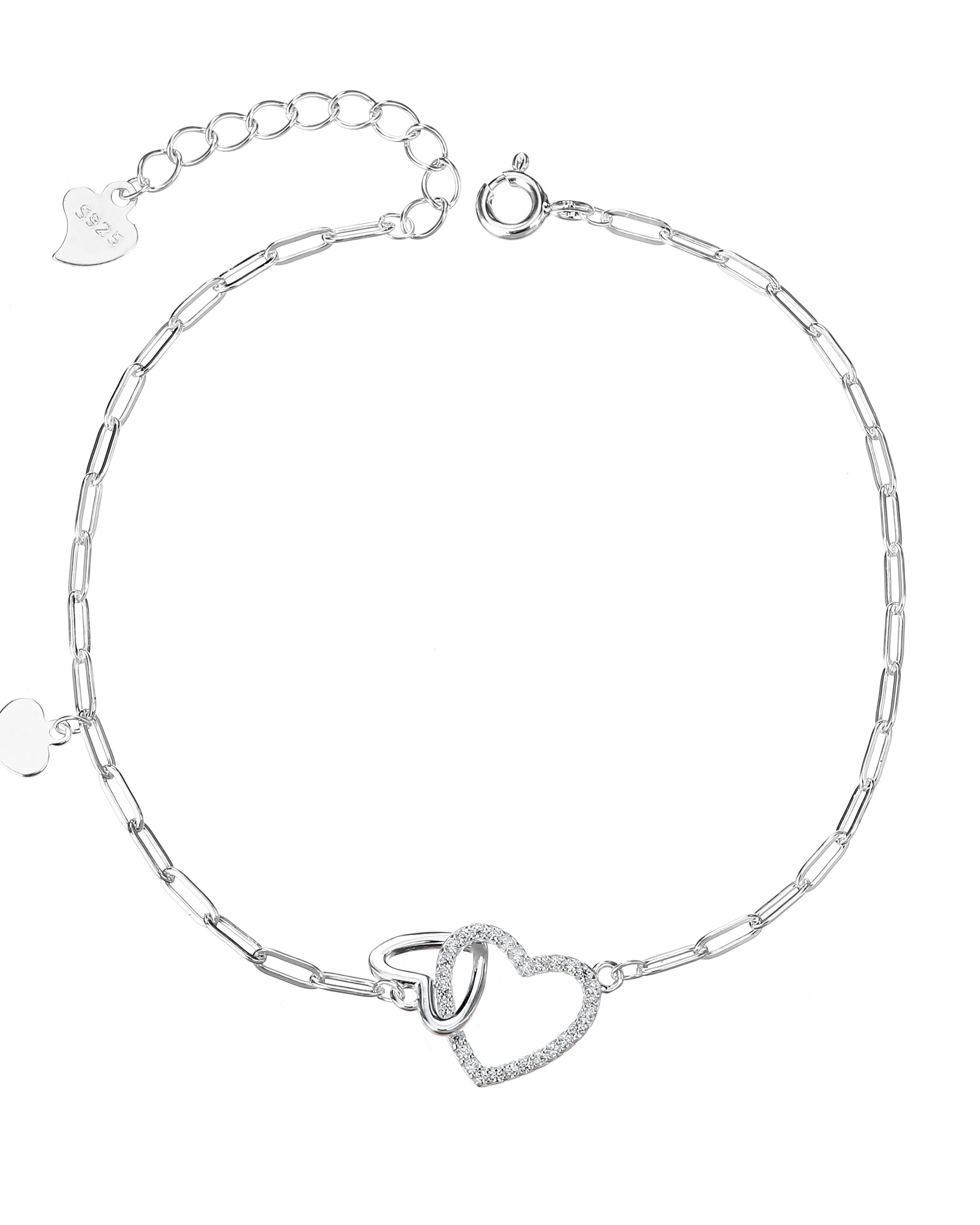 Pulsera de silueta de corazones entrelazados con circonia blanca 17+3cm en plateado