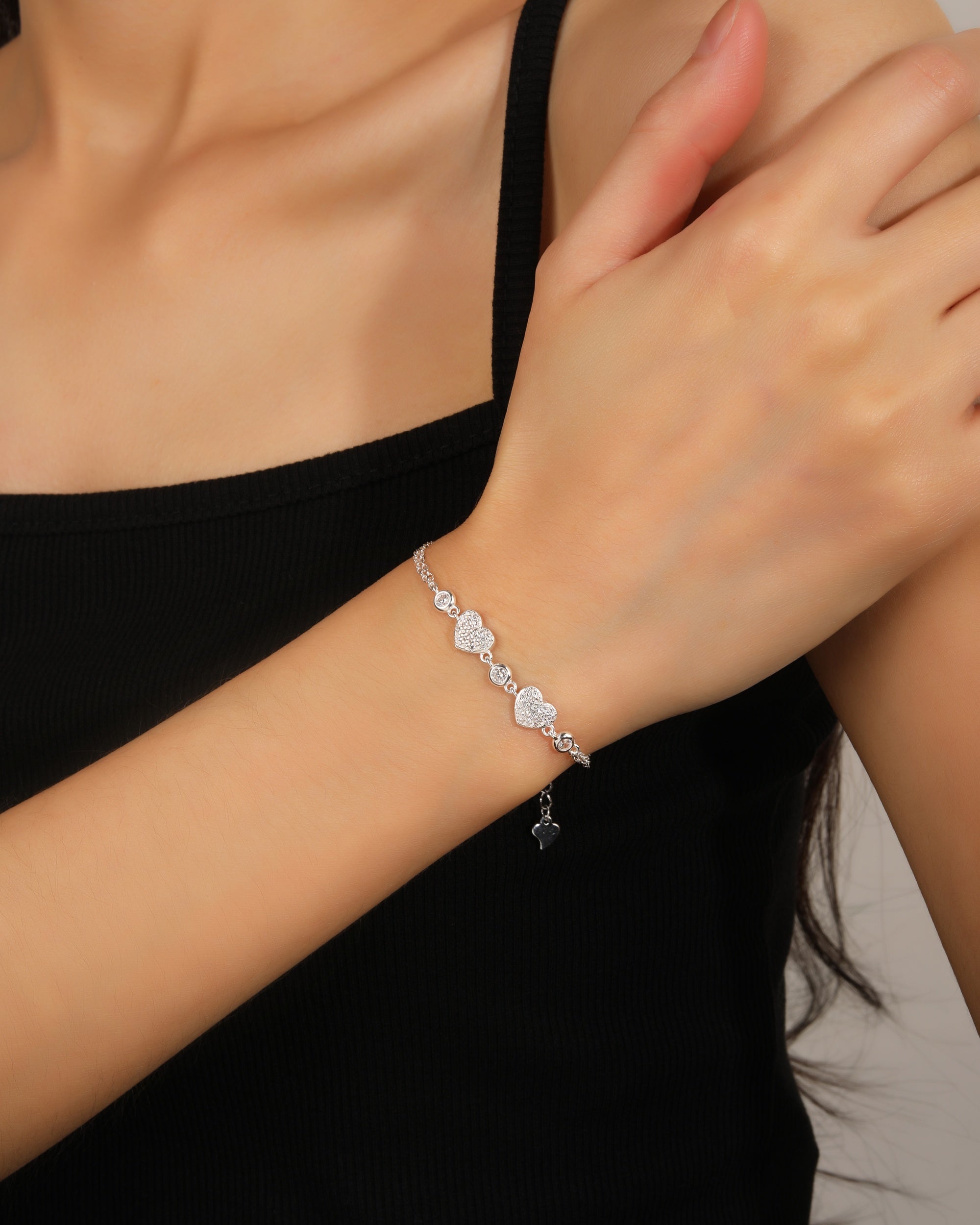 Pulsera doble de corazones con circonias biceladas 17+3cm en plateado