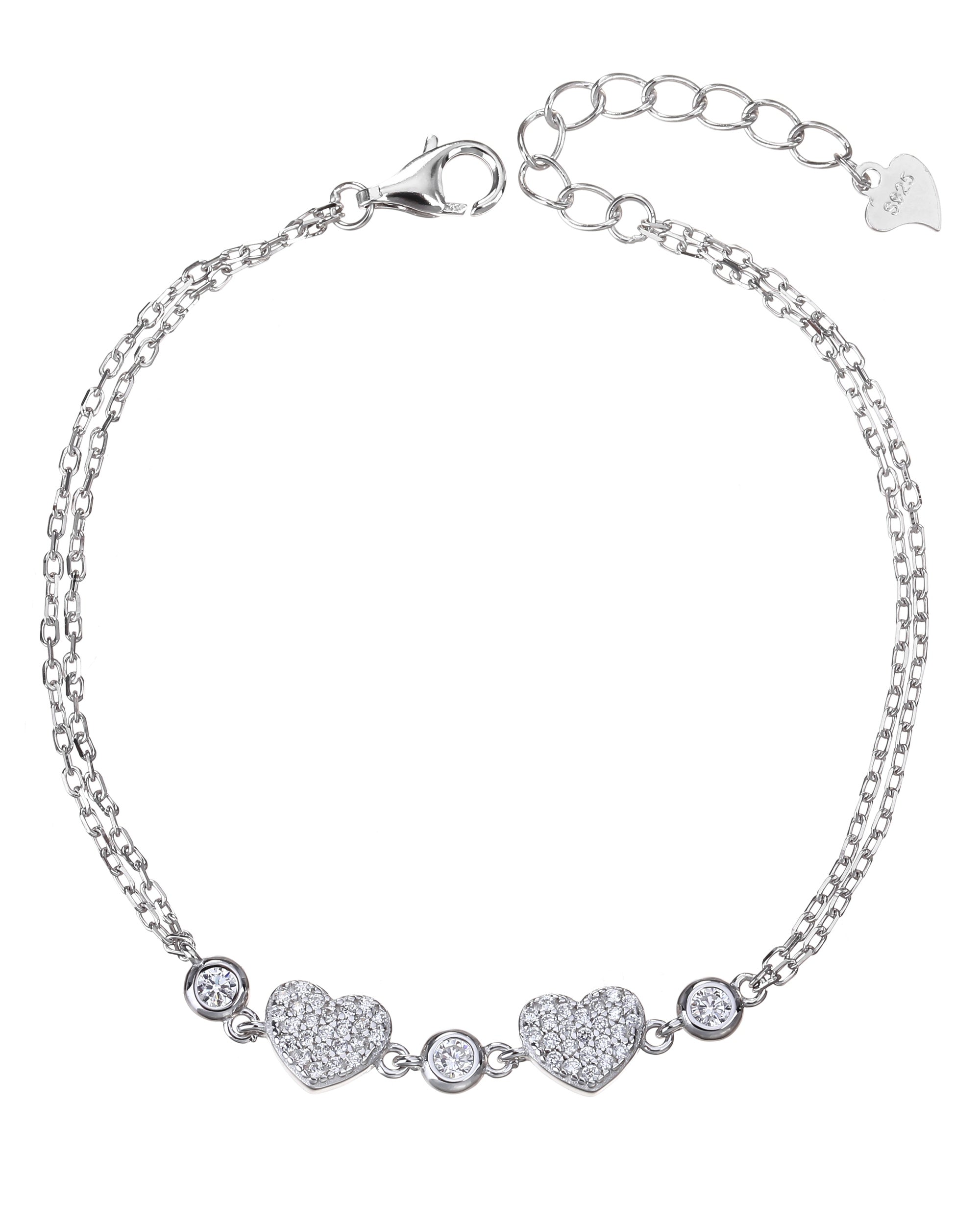 Pulsera doble de corazones con circonias biceladas 17+3cm en rodizado