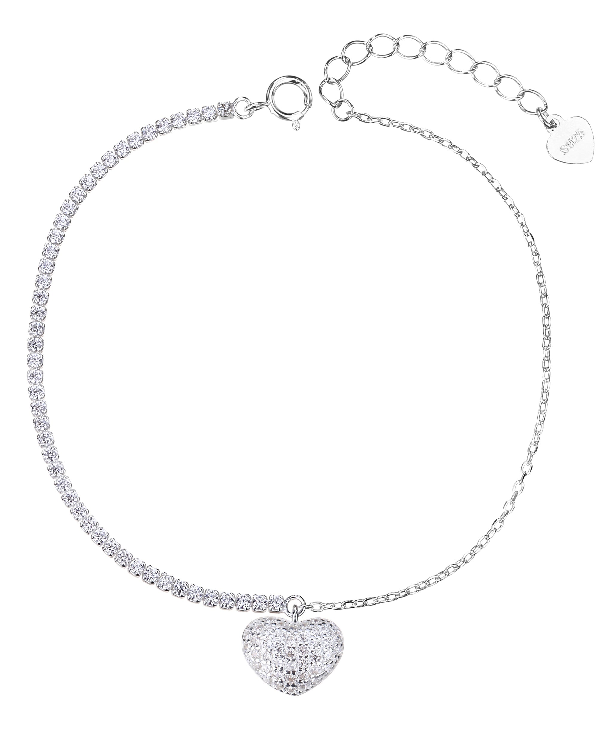Pulsera tenis de 1.5mm con corazon y circonia blanca 17+3cm en plateado