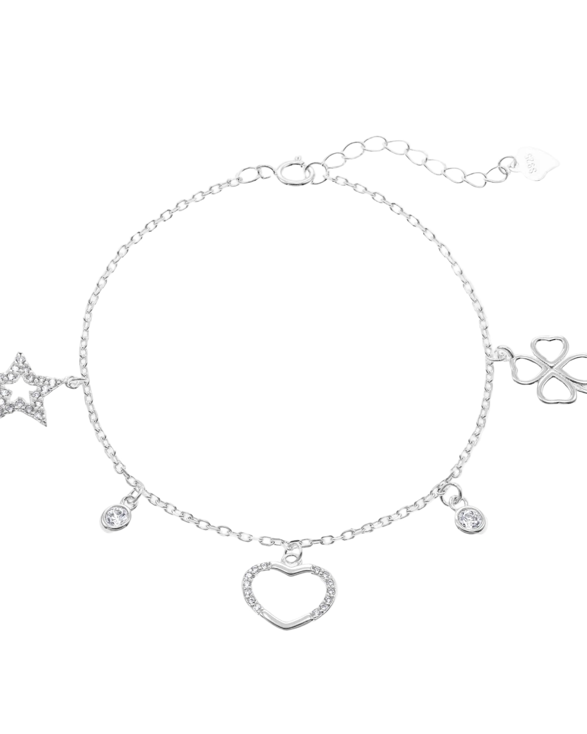 Pulsera de trebol corazon y estrella con circonia 17+3cm en rodizado