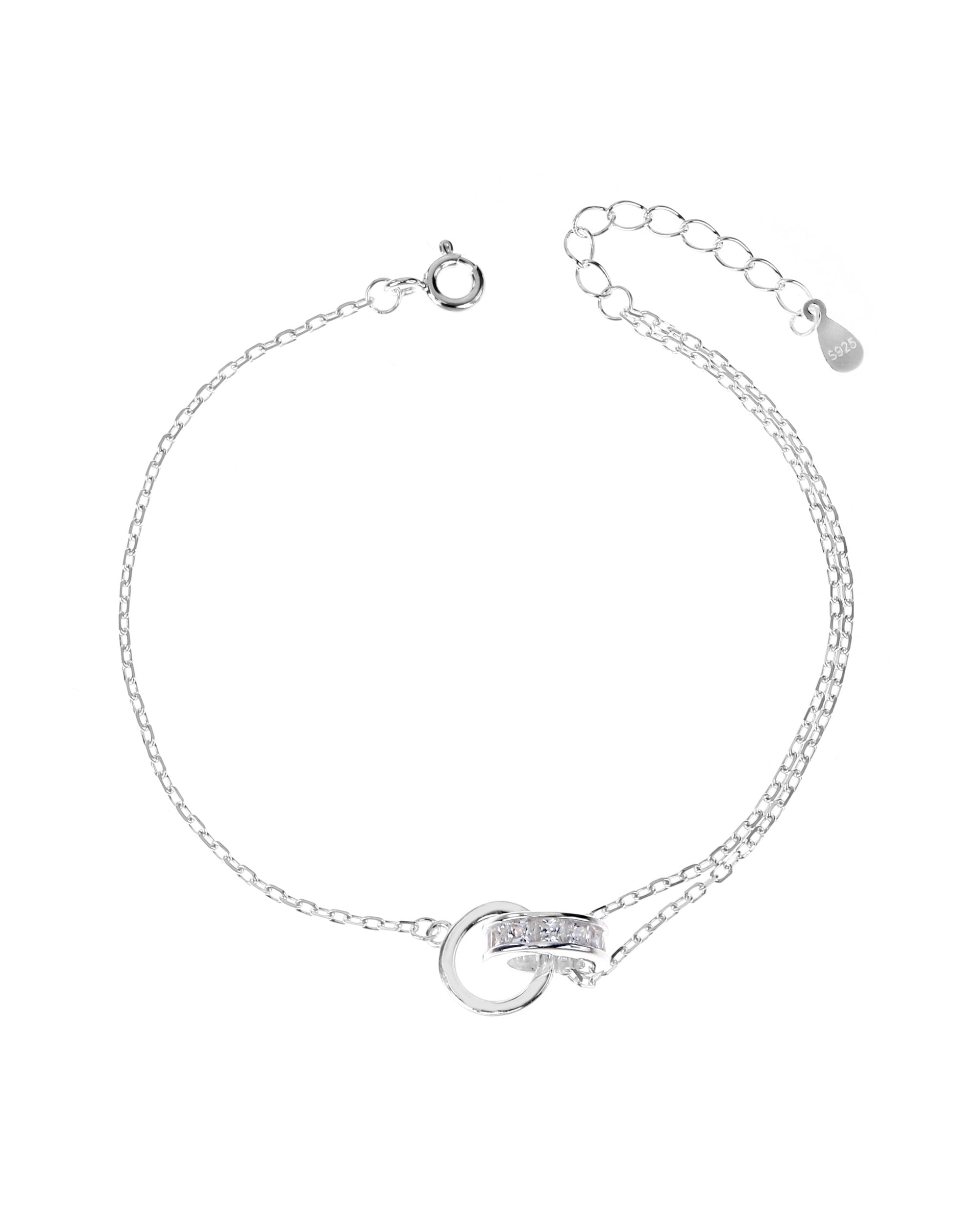 Pulsera mixta de aros enlazados con circonia 17+3cm en plateado