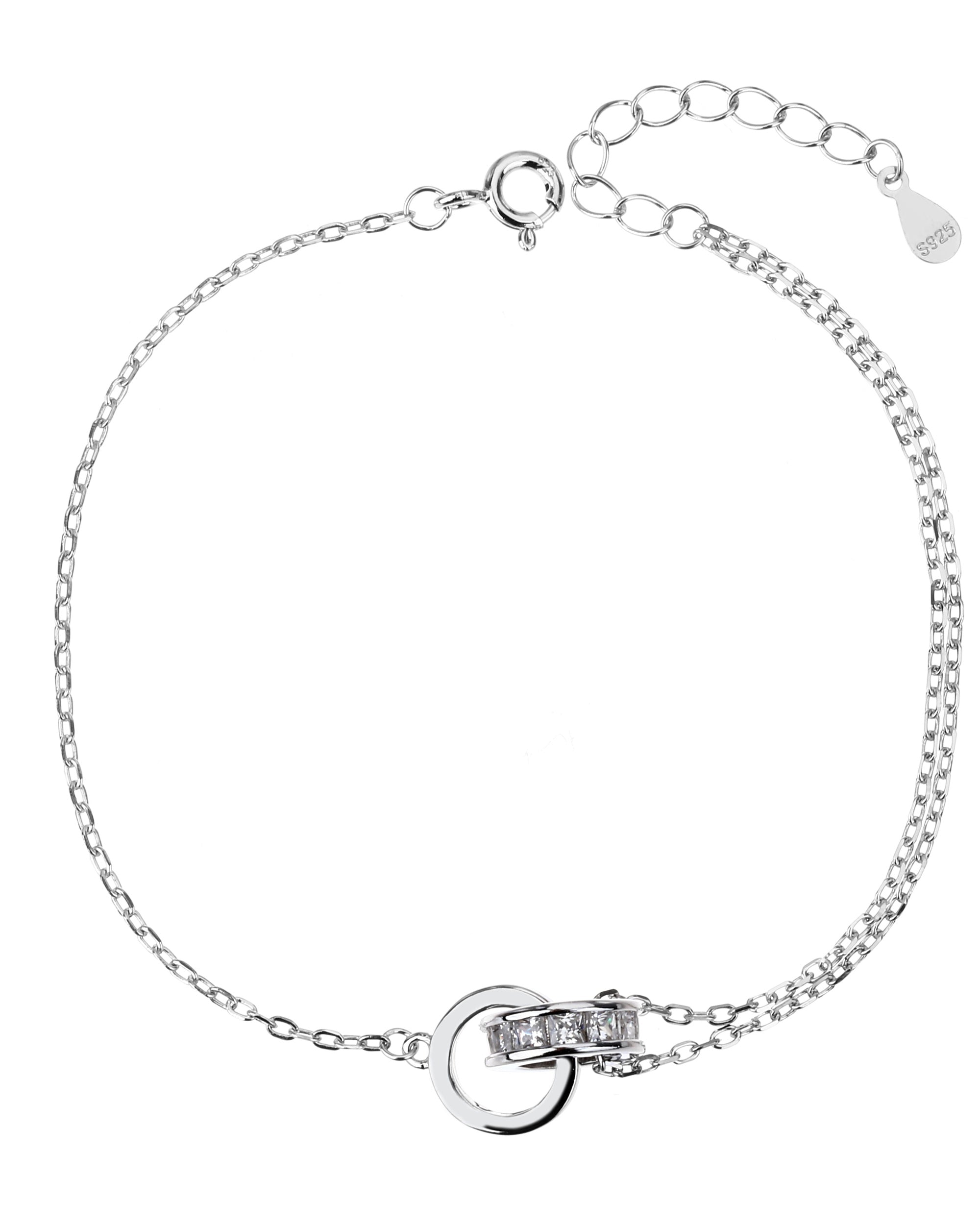 Pulsera mixta de aros enlazados con circonia 17+3cm en rodizado