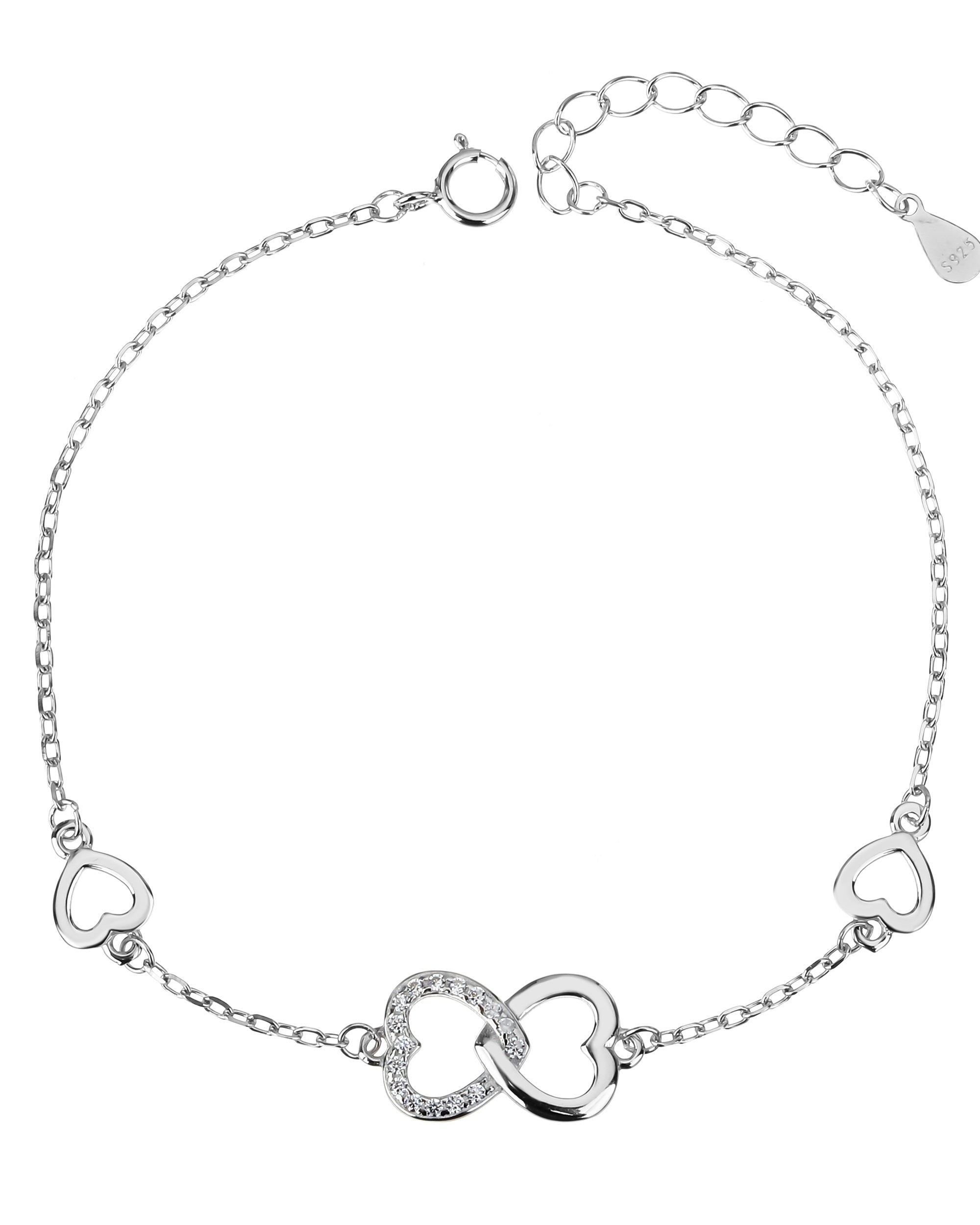 Pulsera sencilla de perlas y corazones con circonia 17+3cm en rodizado
