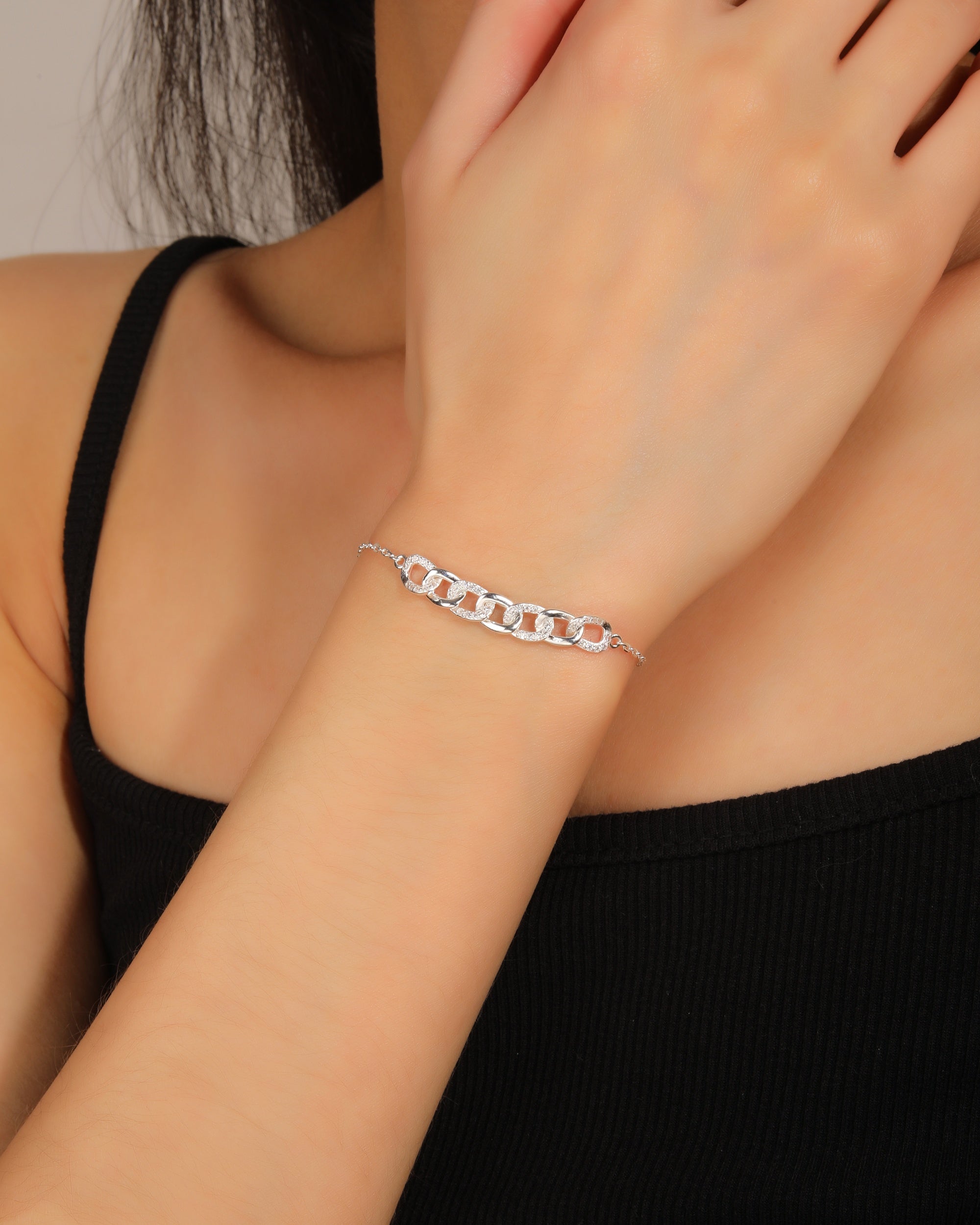 Pulsera mixta de eslabones con circonia 17+3cm en plateado