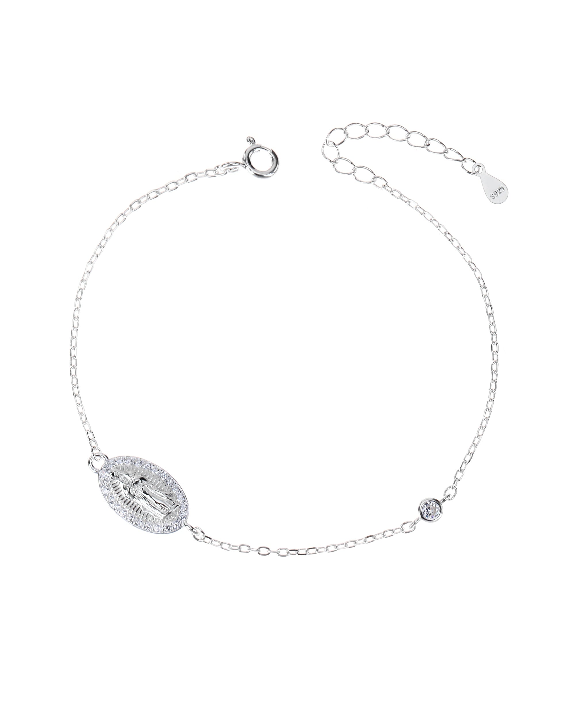 Pulsera sencilla de Virgen de Guadalupe con circonia blanca 17+3cm en plateado