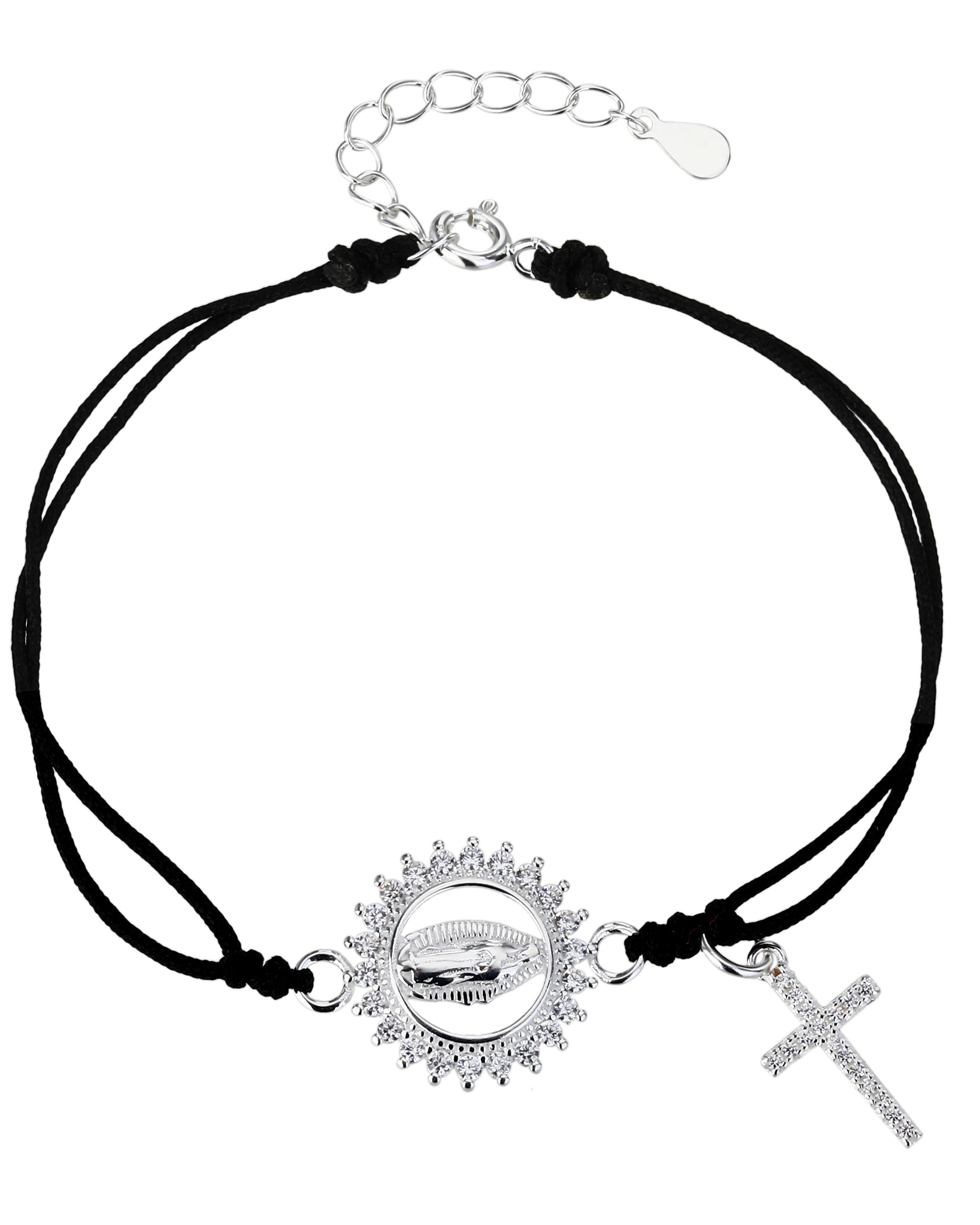 Pulsera de hilo negro con Virgen de Guadalupe en plateado
