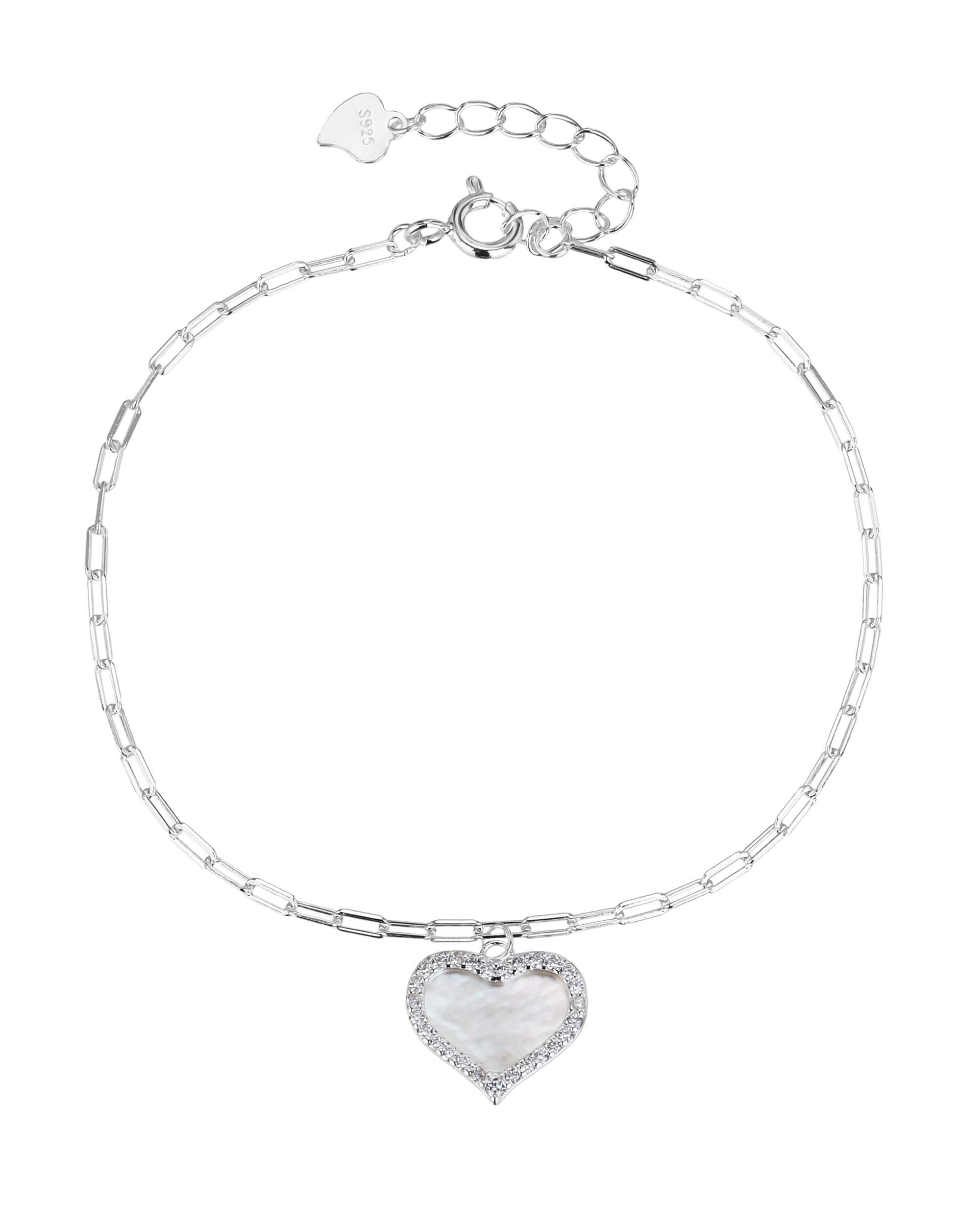 Pulsera de eslabon largo con corazon madre perla y circonia en plateado