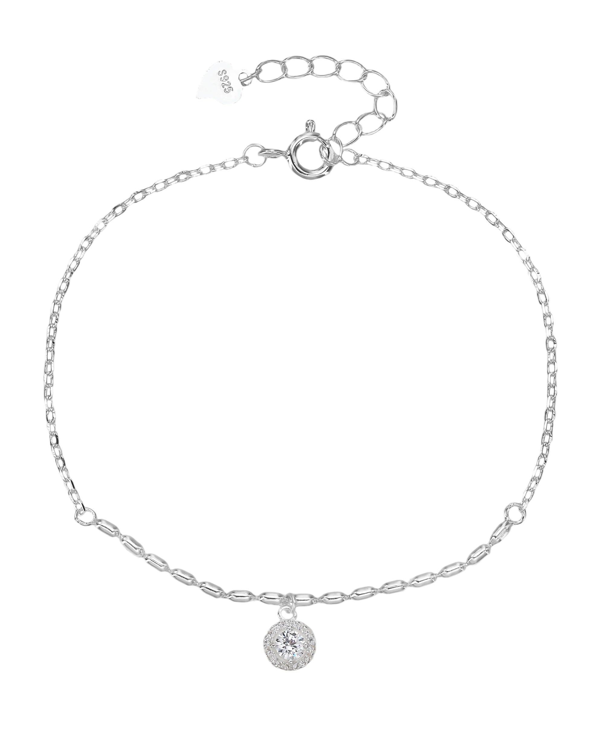 Pulsera mixta con eslabon arroz y esfera de circonias en plateado