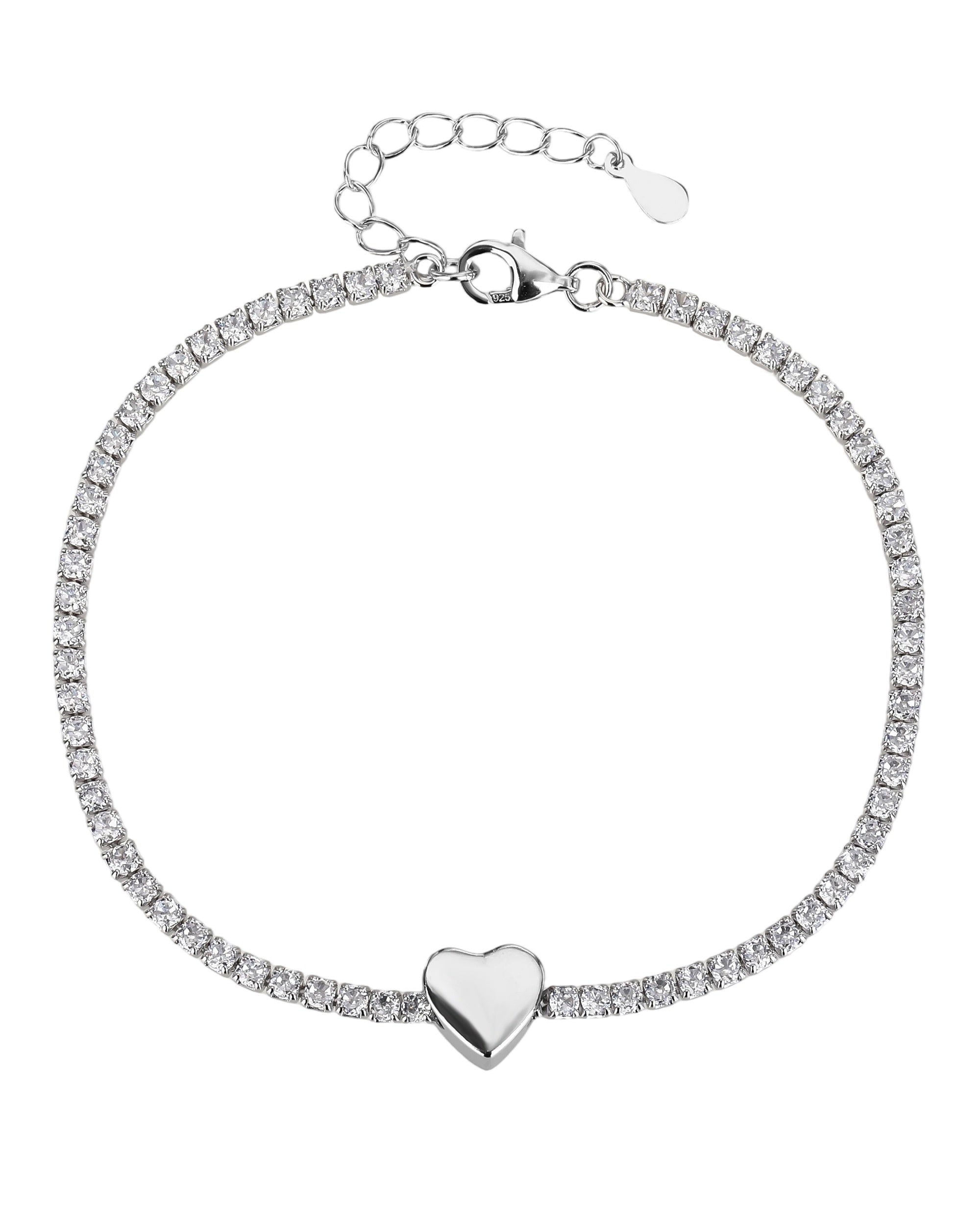 Pulsera de tenis con pasador de corazon liso y circonias blancas en rodizado