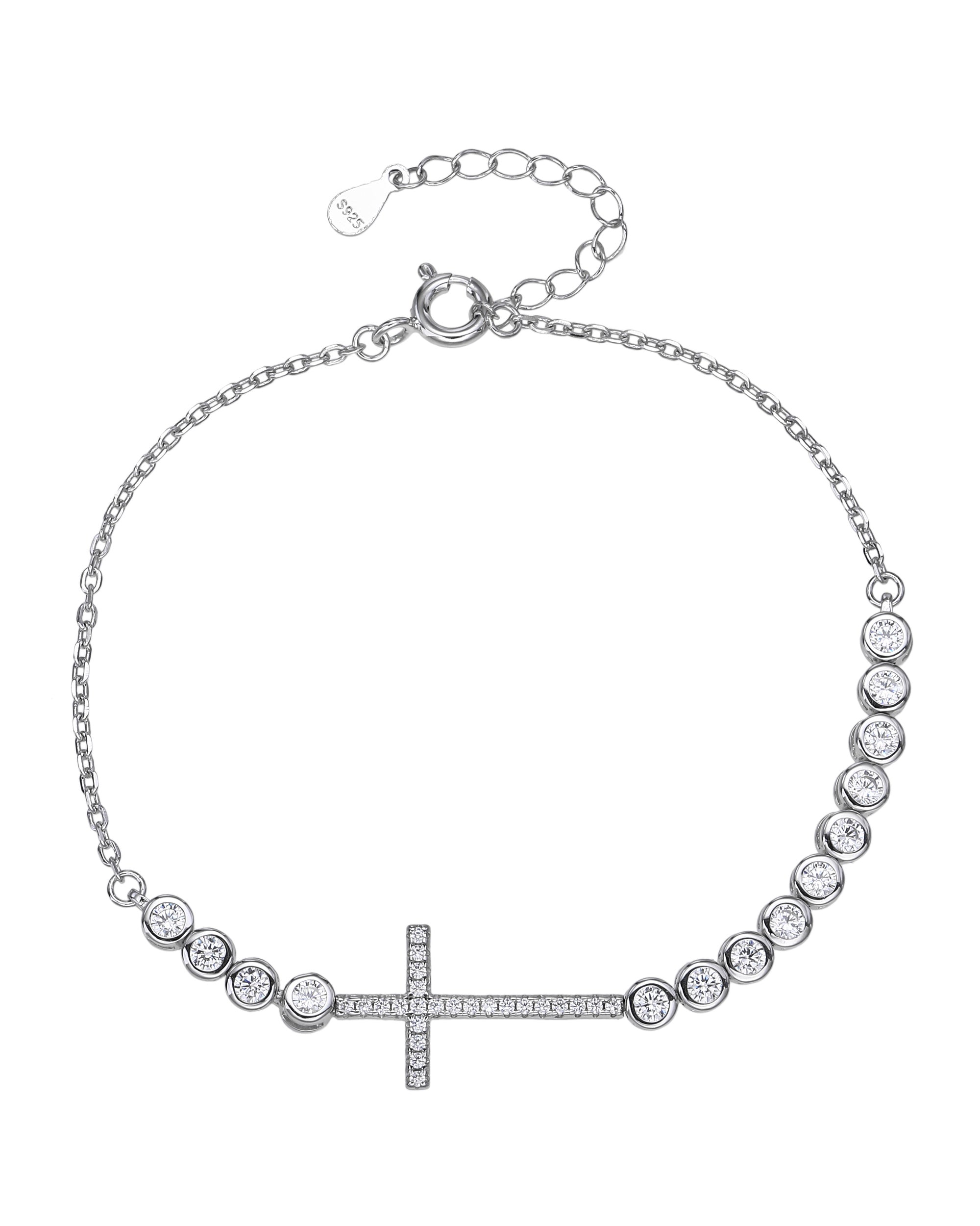 Pulsera sencilla de Cruz con circonia blanca 17+3cm en rodizado