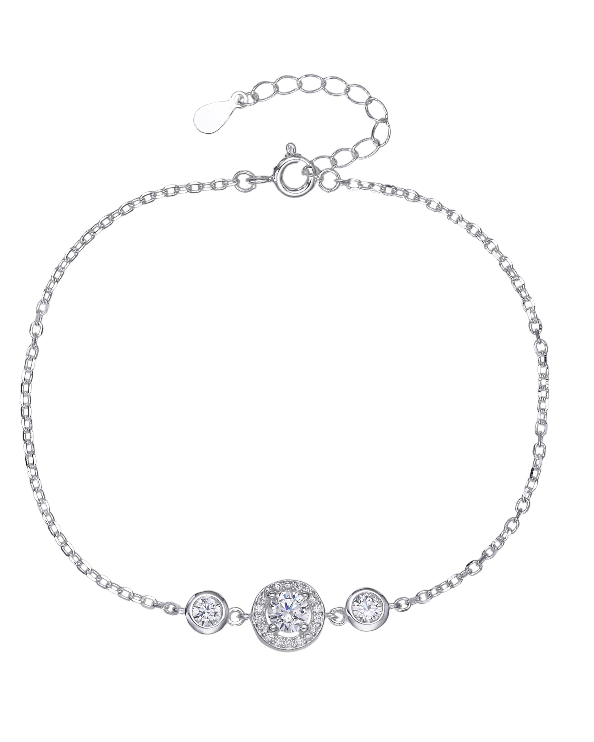 Pulsera sencilla de circonia redonda blanca 17+3cm en plateado
