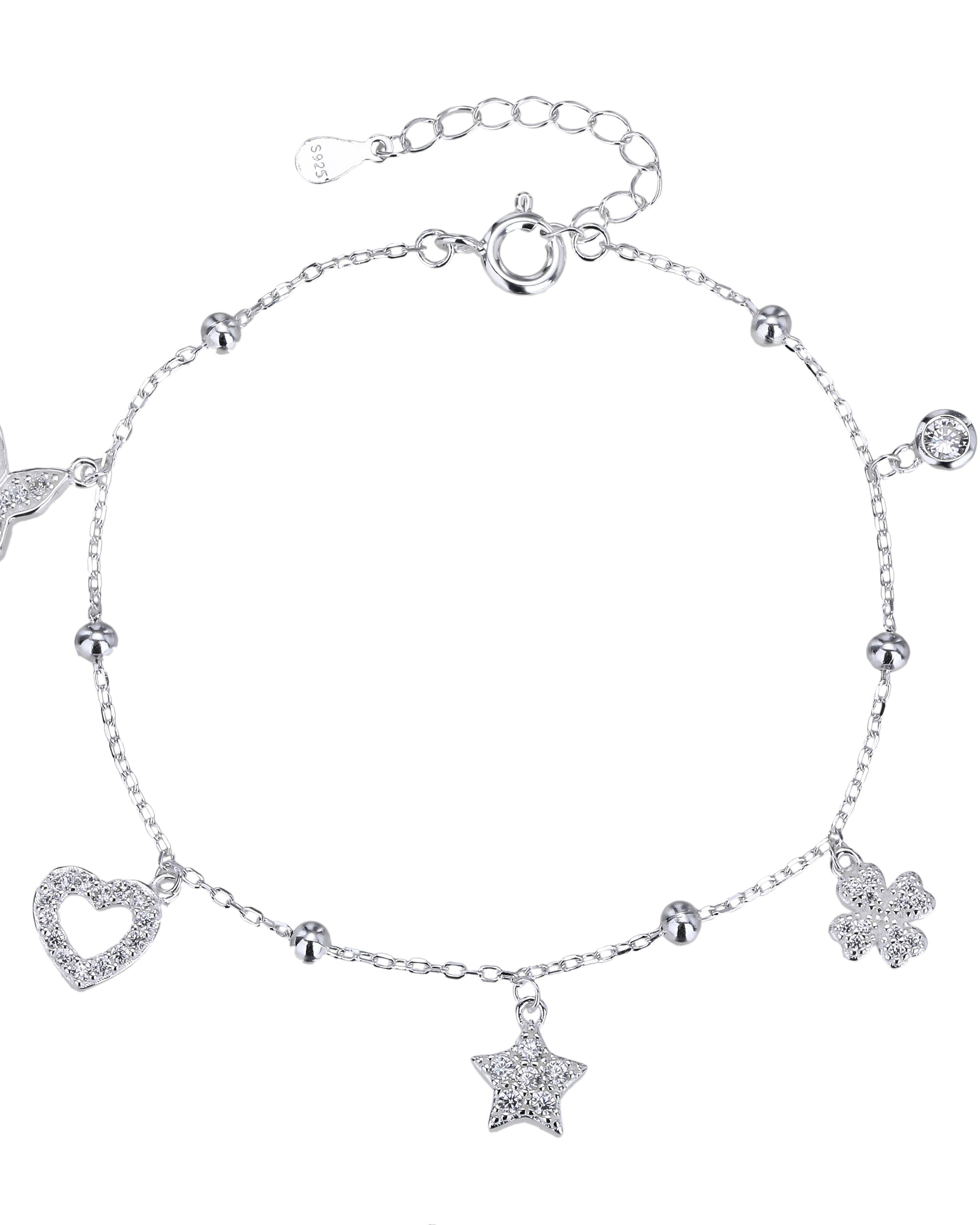 Pulsera sencilla de dijes con circonia blanca 17+3cm en plateado