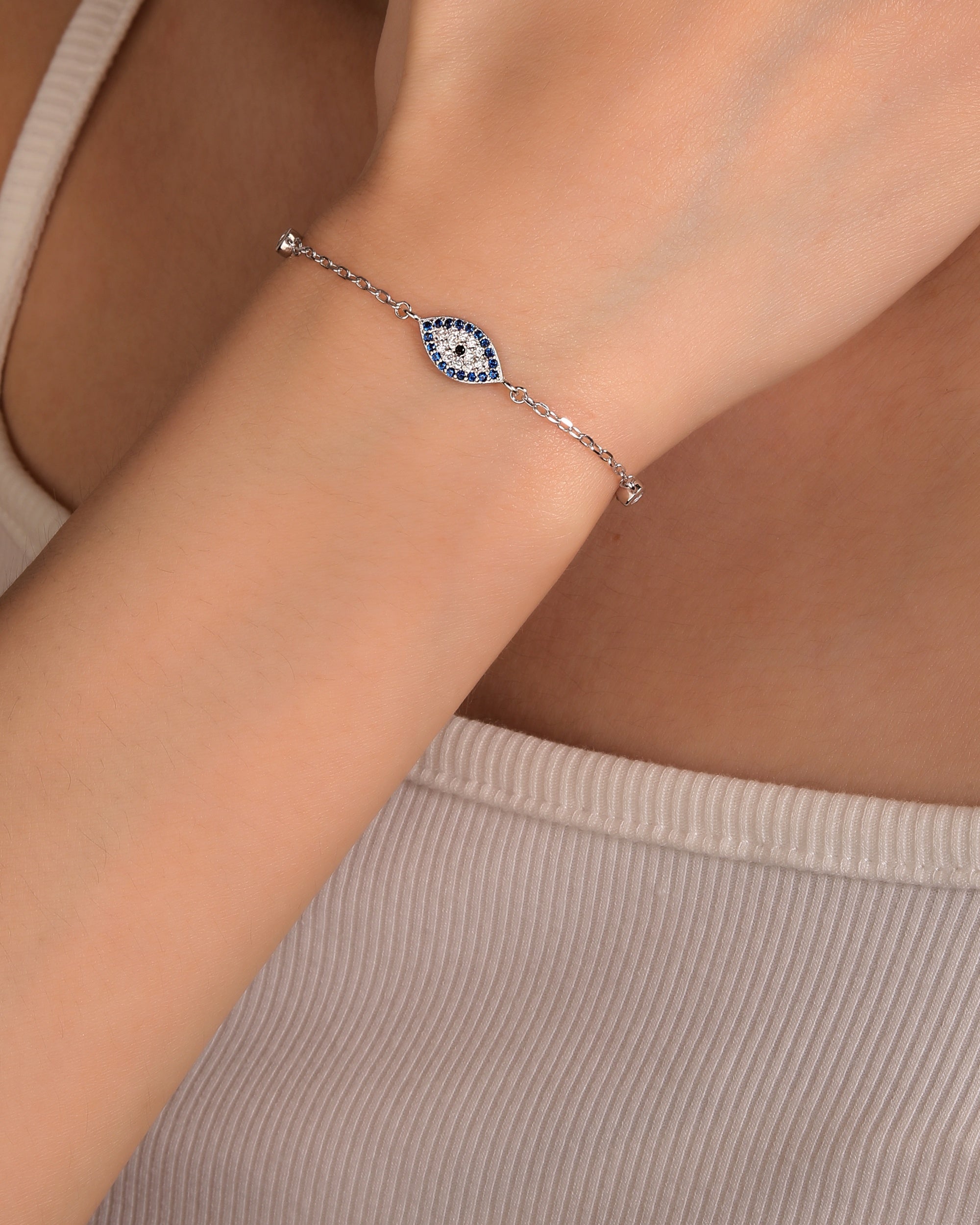 Pulsera sencilla de ojo de dios con circonia multicolor 17+3cm en rodizado