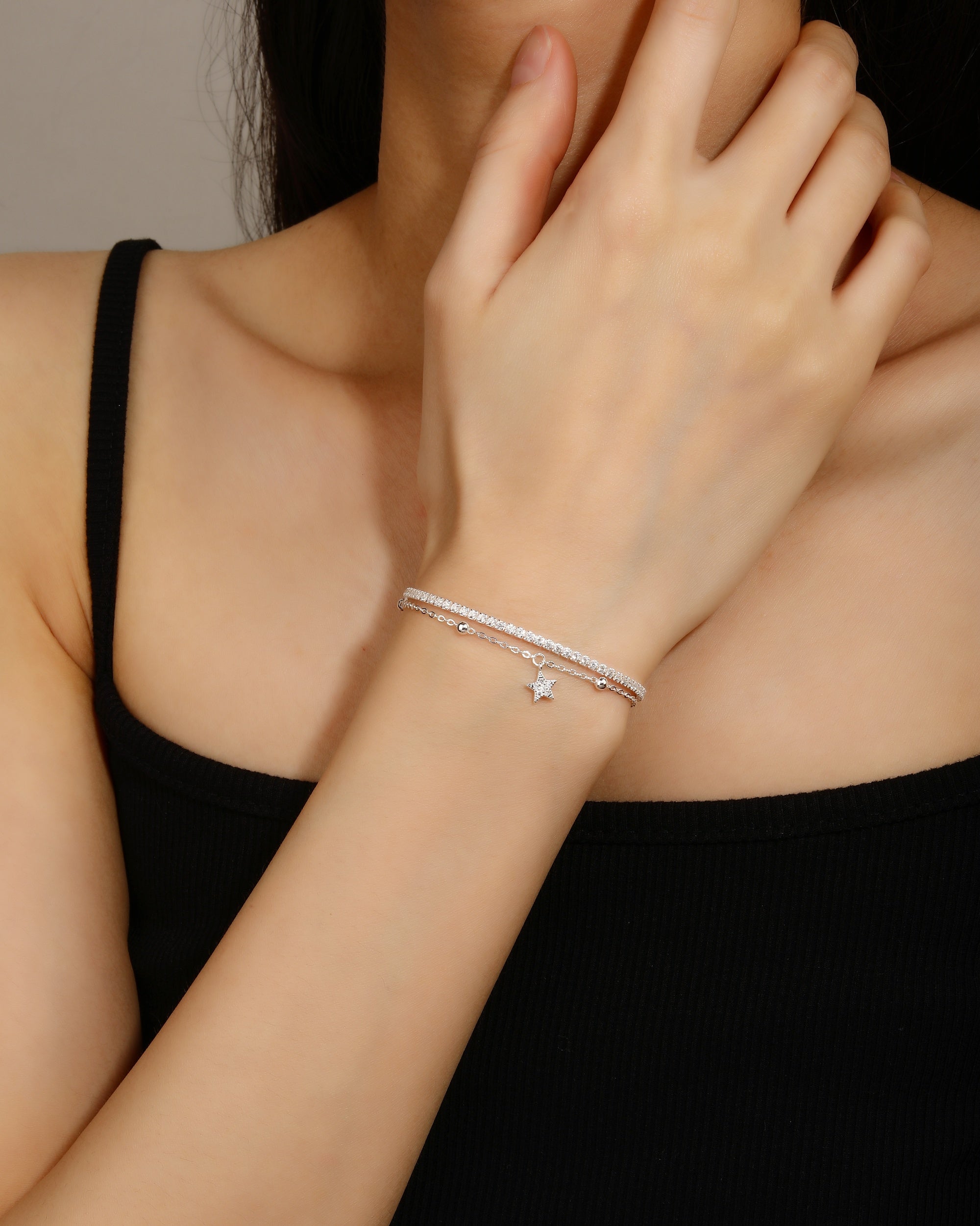 Pulsera doble de estrella con circonia blanca de 17+3cm en plateado