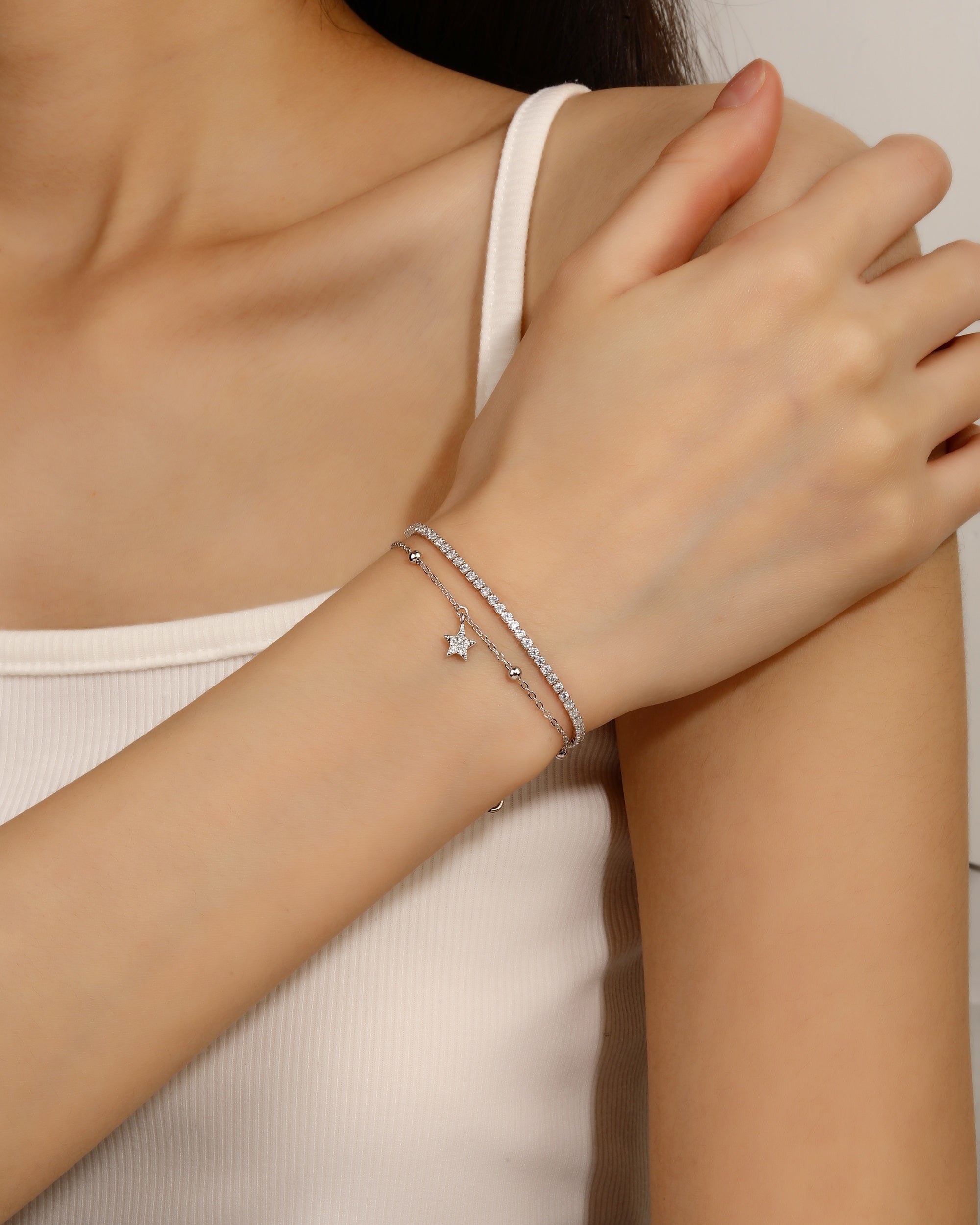 Pulsera doble de estrella con circonia blanca de 17+3cm en rodizado