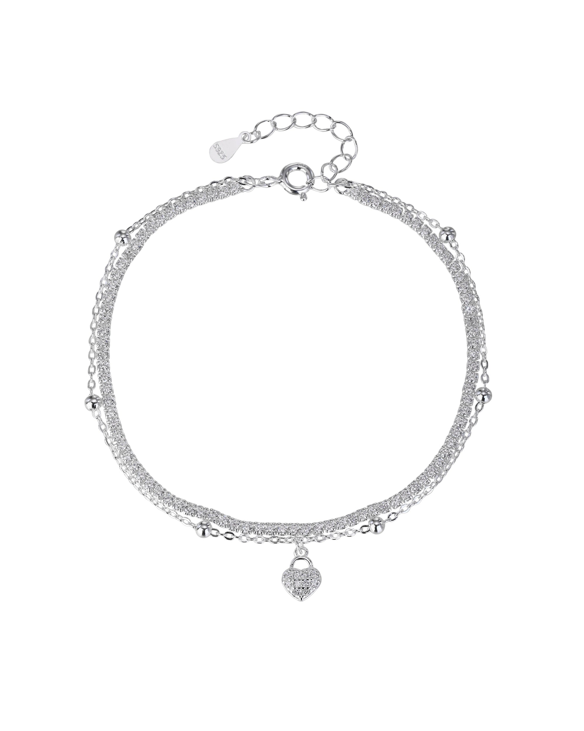 Pulsera doble de corazon con circonia blanca de 17+3cm en plateado