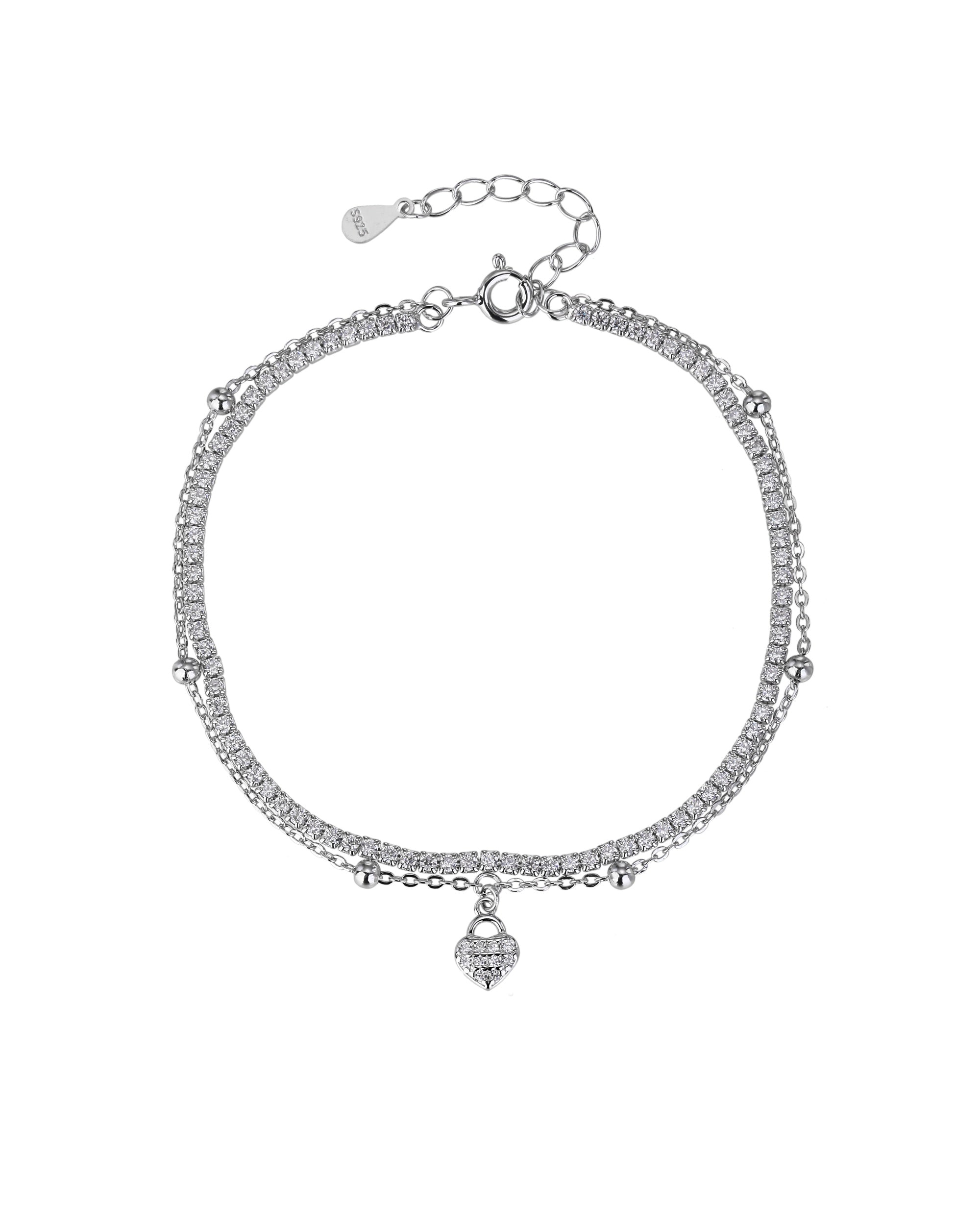 Pulsera doble de corazon con circonia blanca de 17+3cm en rodizado