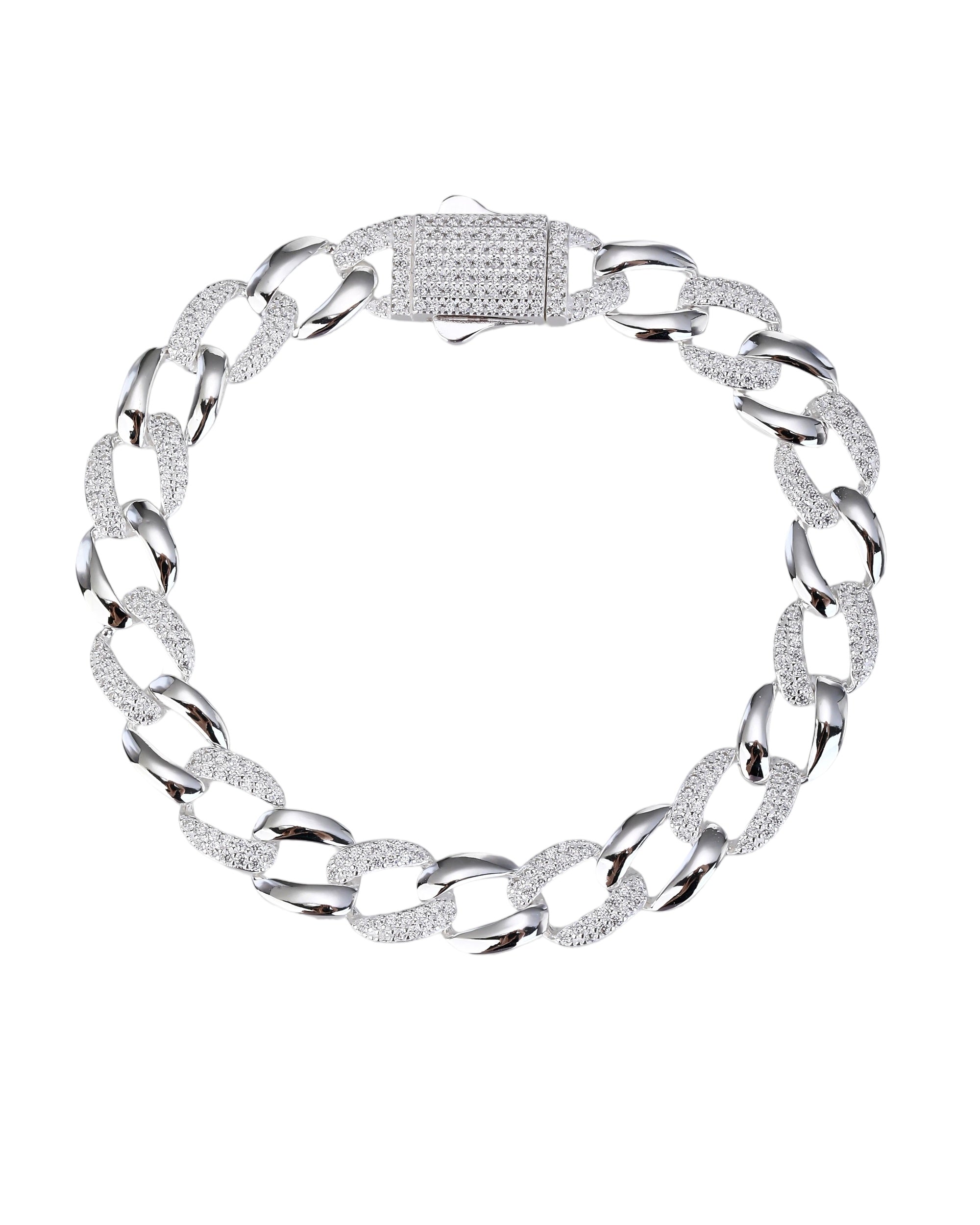 Pulsera cubana con circonia blanca de 18cm en plateado