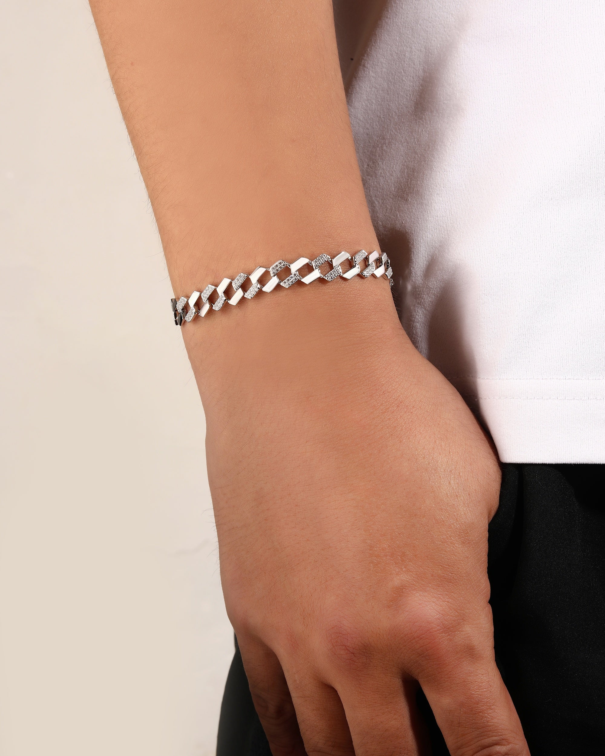 Pulsera cubana con circonia blanca de 21cm en rodizado