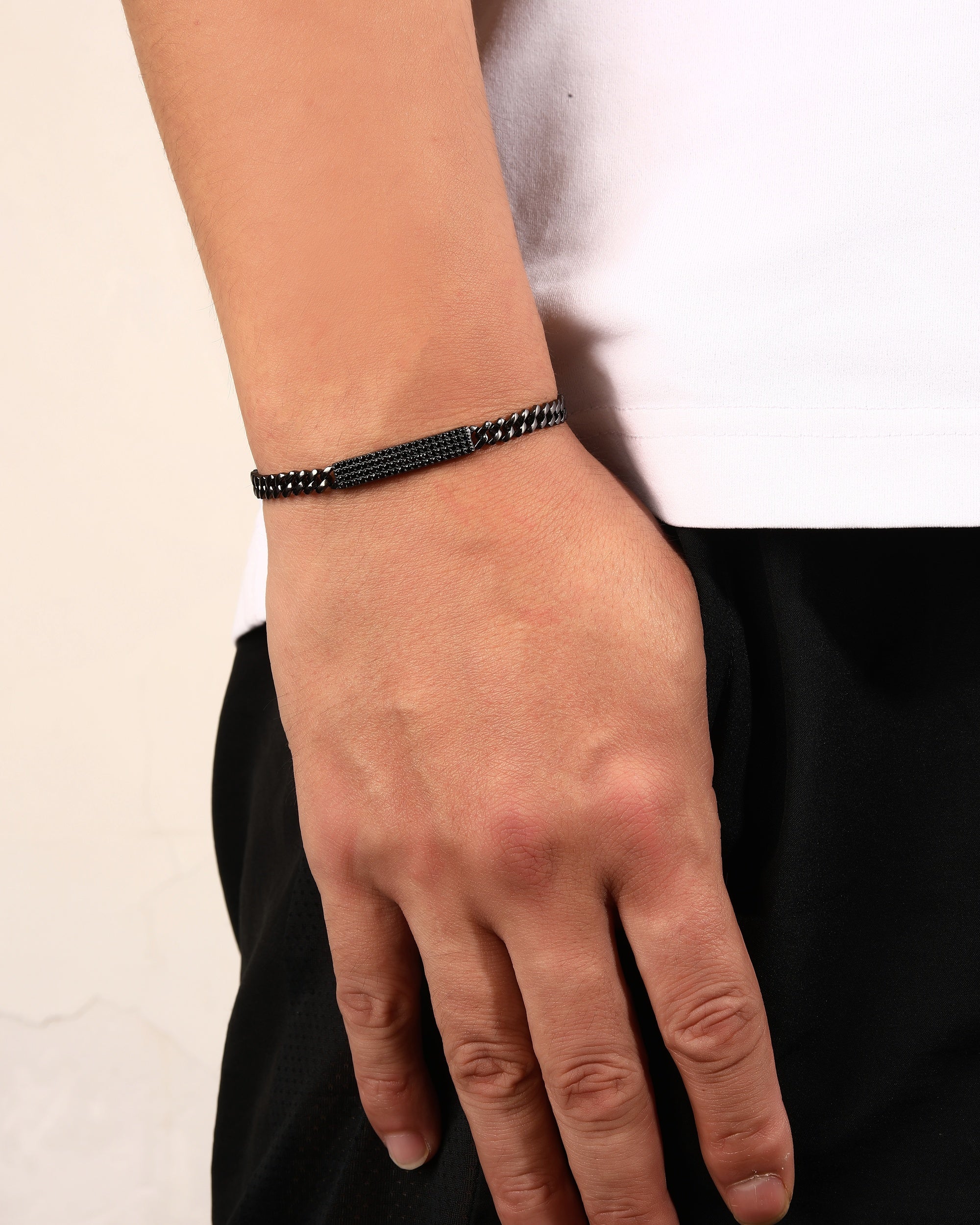 Pulsera cubana con circonia negro de 21cm en rodio negro