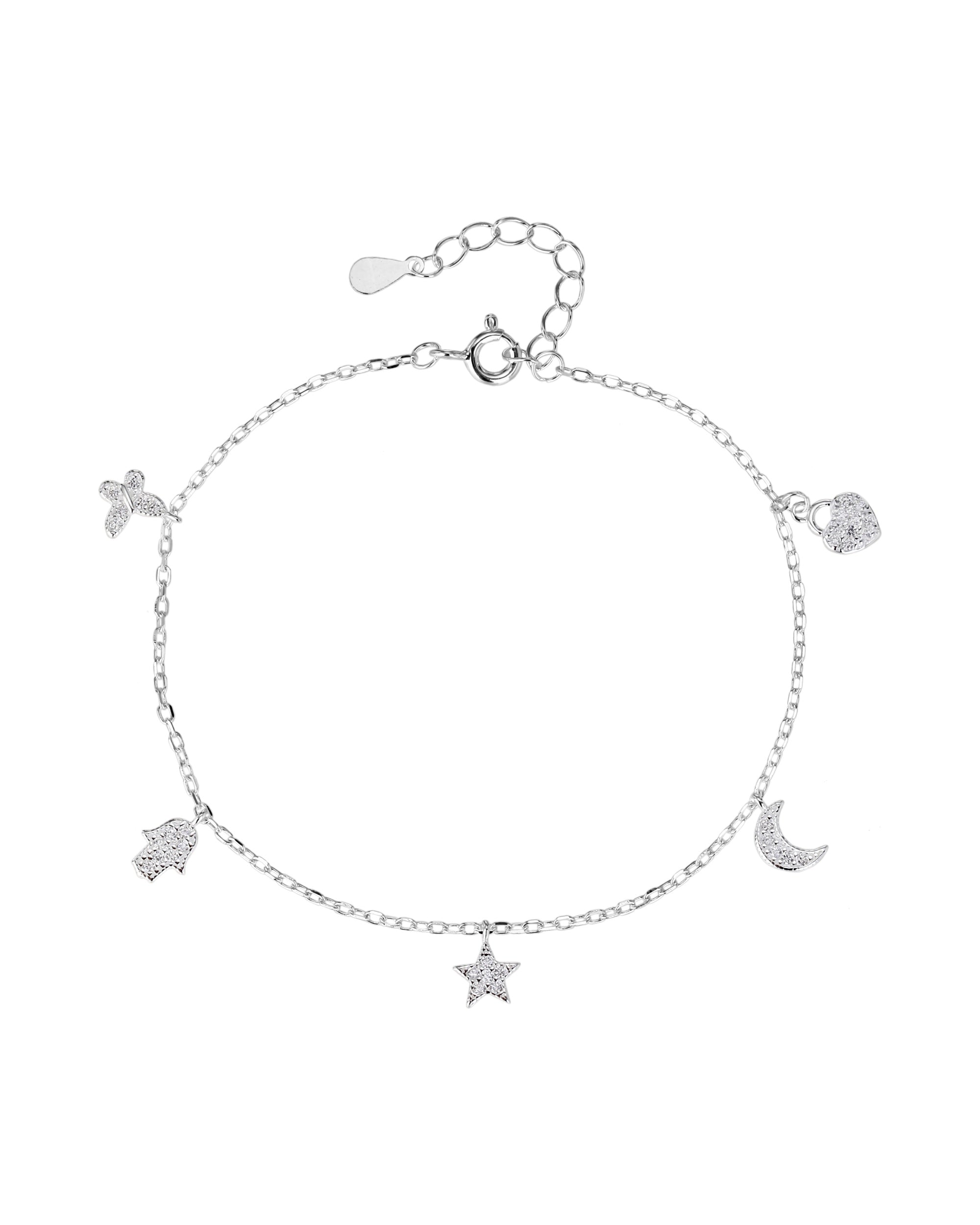 Pulsera de corazon estrella luna mariposa y mano de fatima 17+3cm en plateado