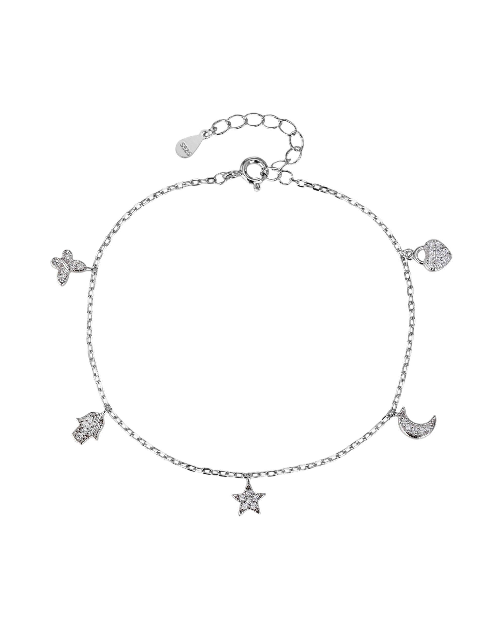 Pulsera de corazon estrella luna mariposa y mano de fatima 17+3cm en rodizado