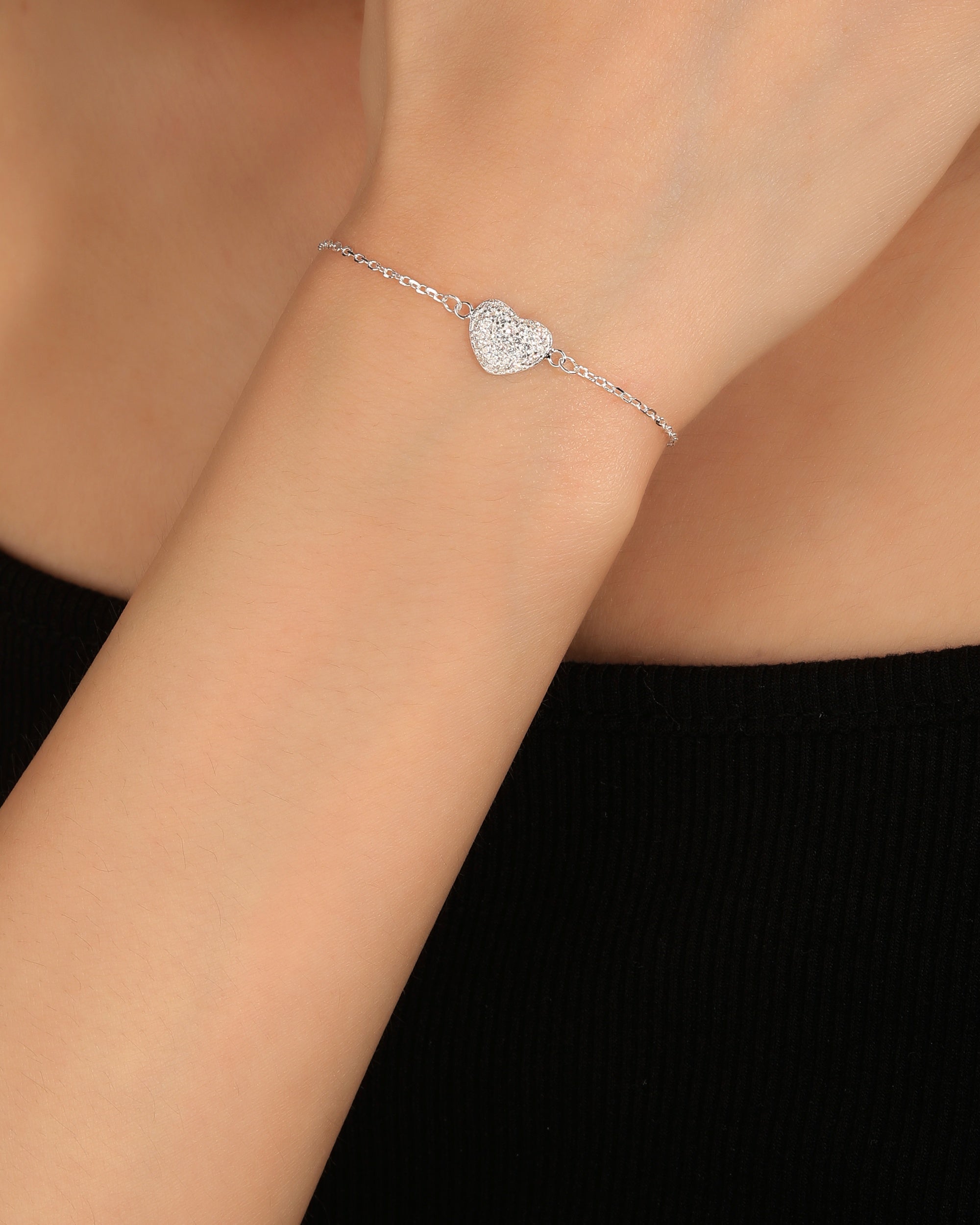 Pulsera sencilla de corazon con circonia blanca 17+3cm en plateado
