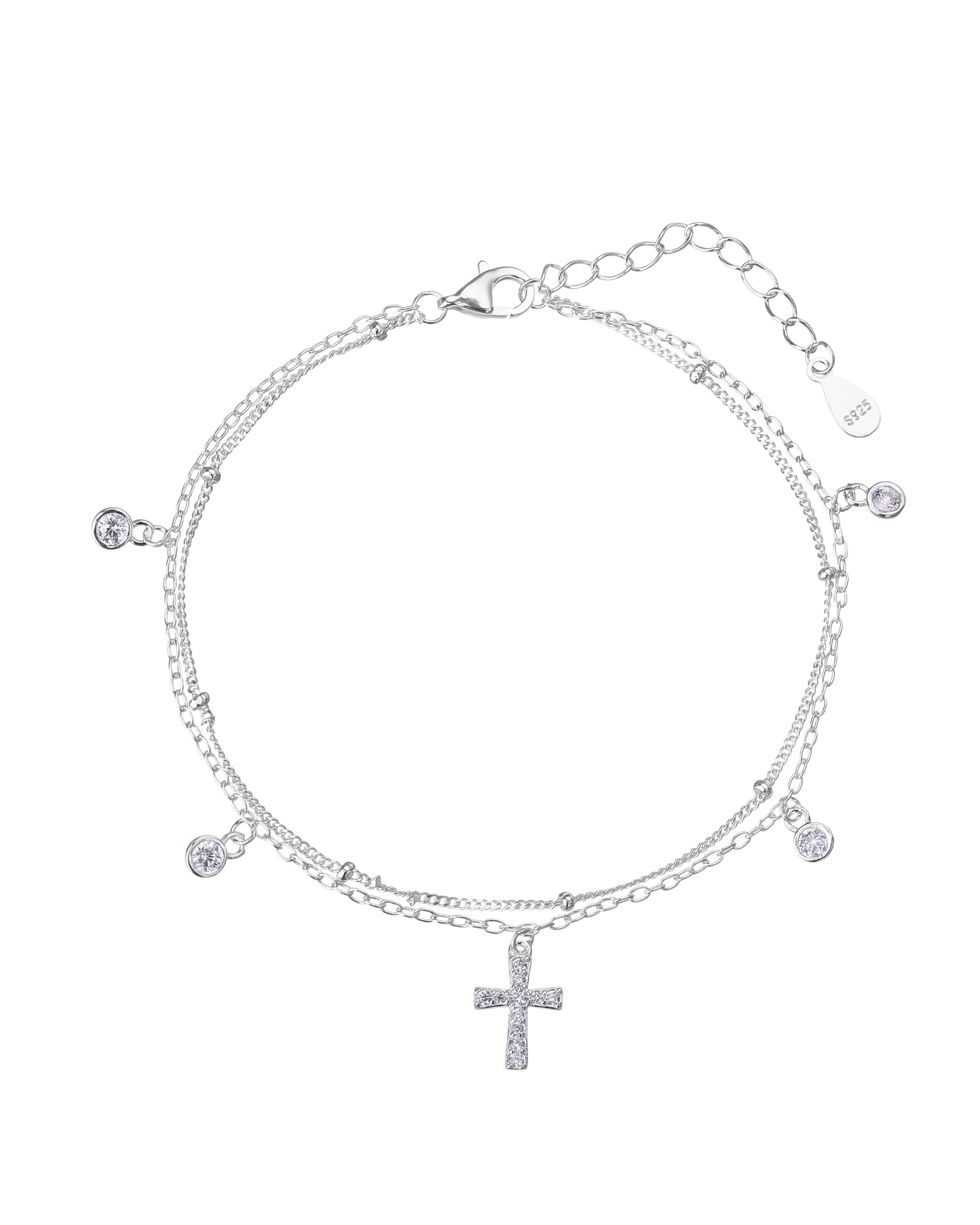 Pulsera doble de cruz con circonia blanca de 17+3cm en plateado