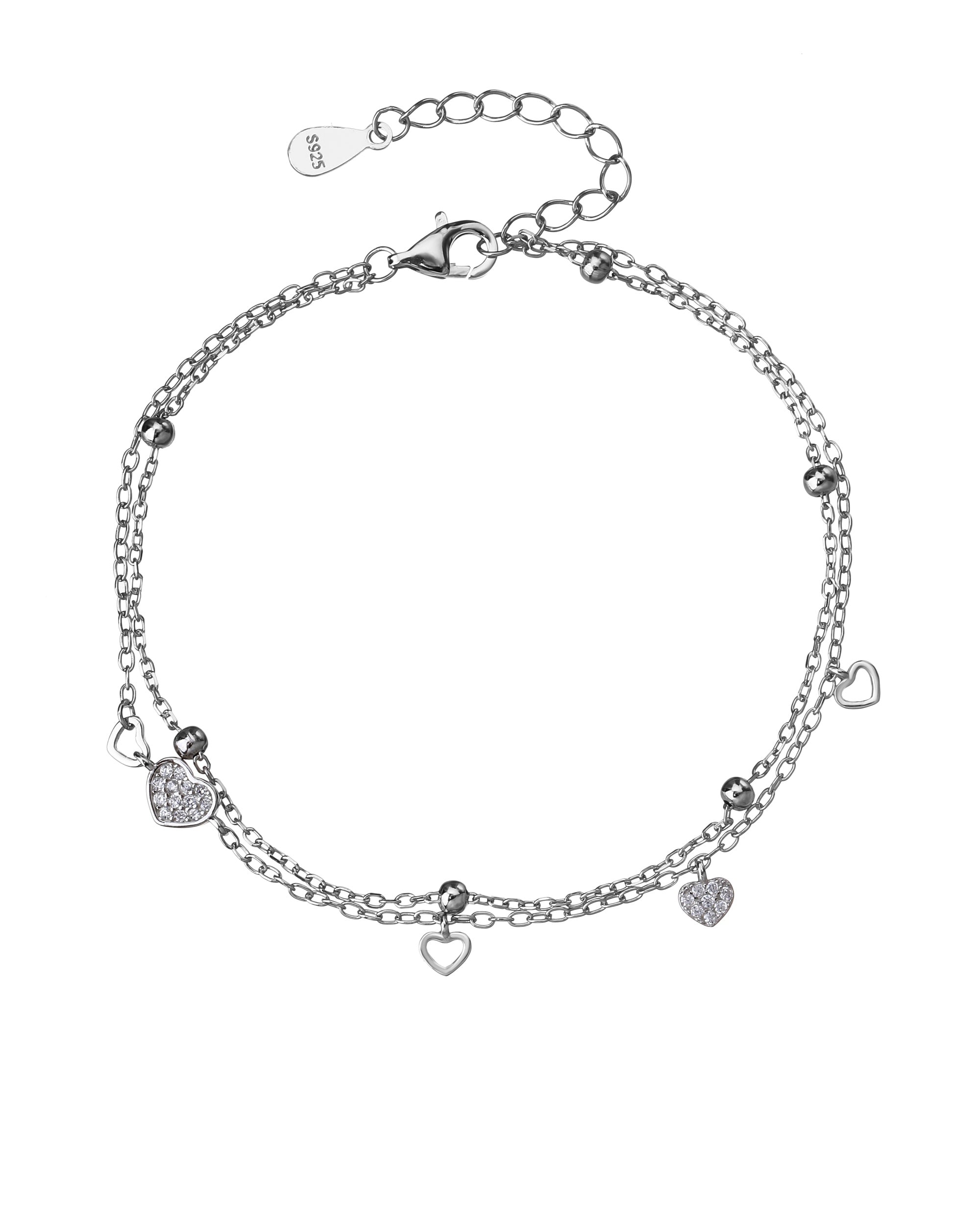 Pulsera doble de corazones con circonia blanca de 17+3cm en rodizado