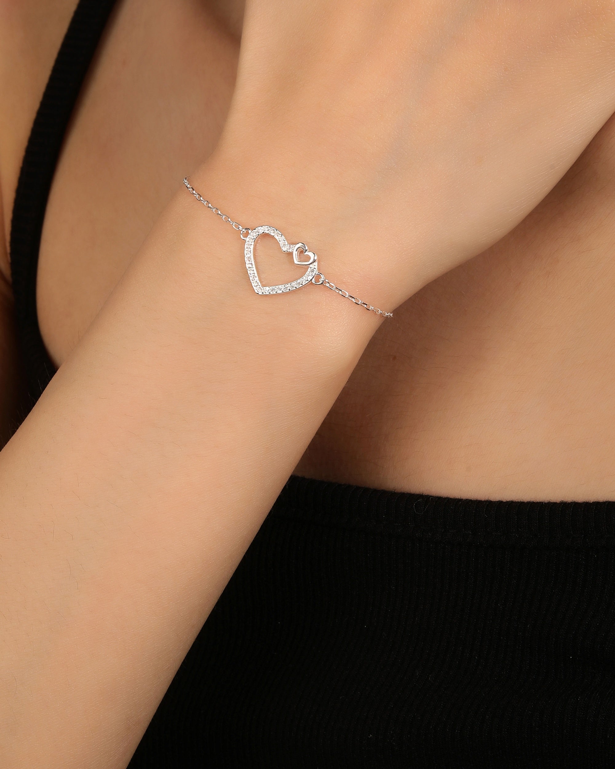 Pulsera sencilla de corazon con circonia blanca 17+3cm en plateado