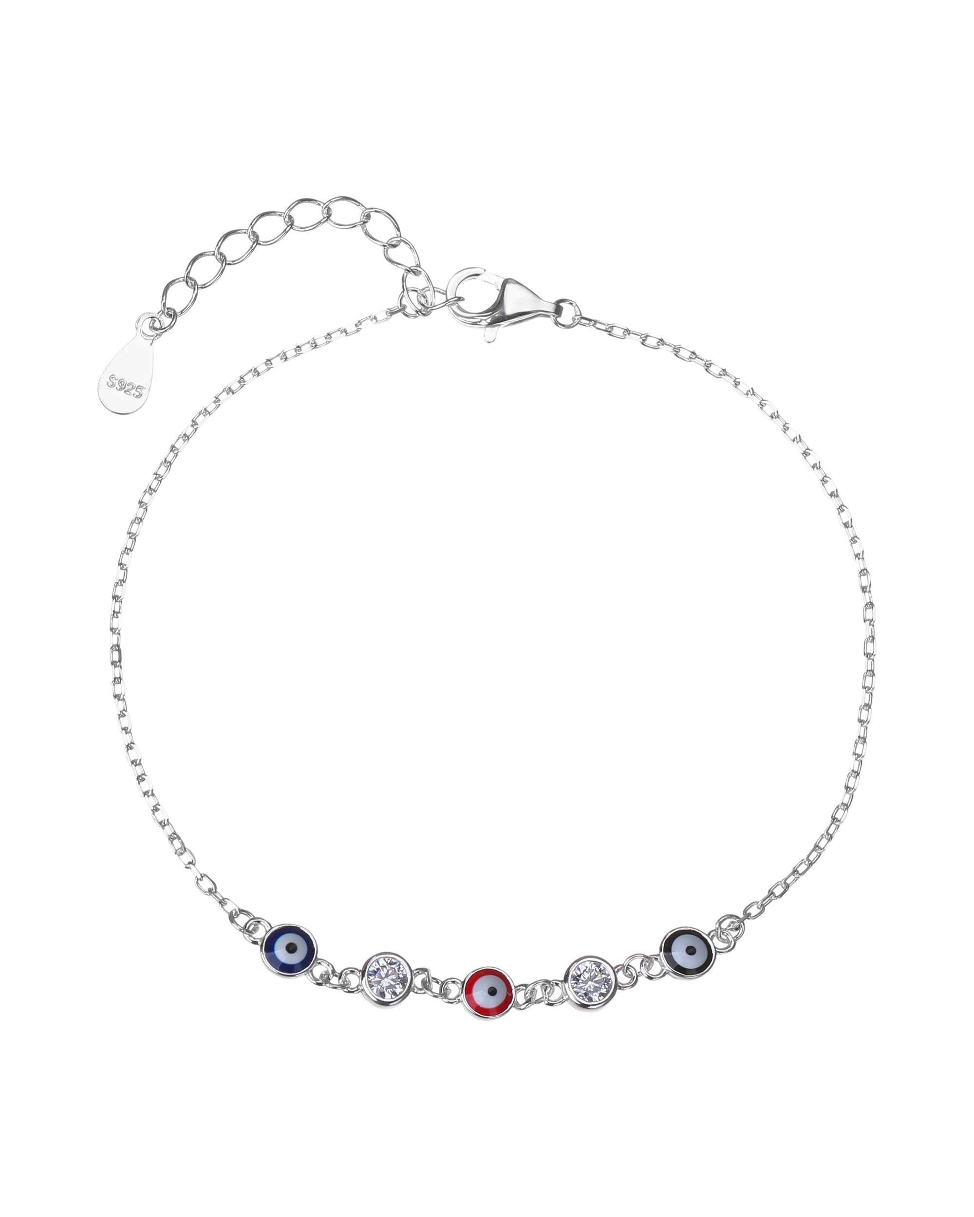 Pulsera sencilla con ojitos multicolor  y circonias 17+3cm en plateado