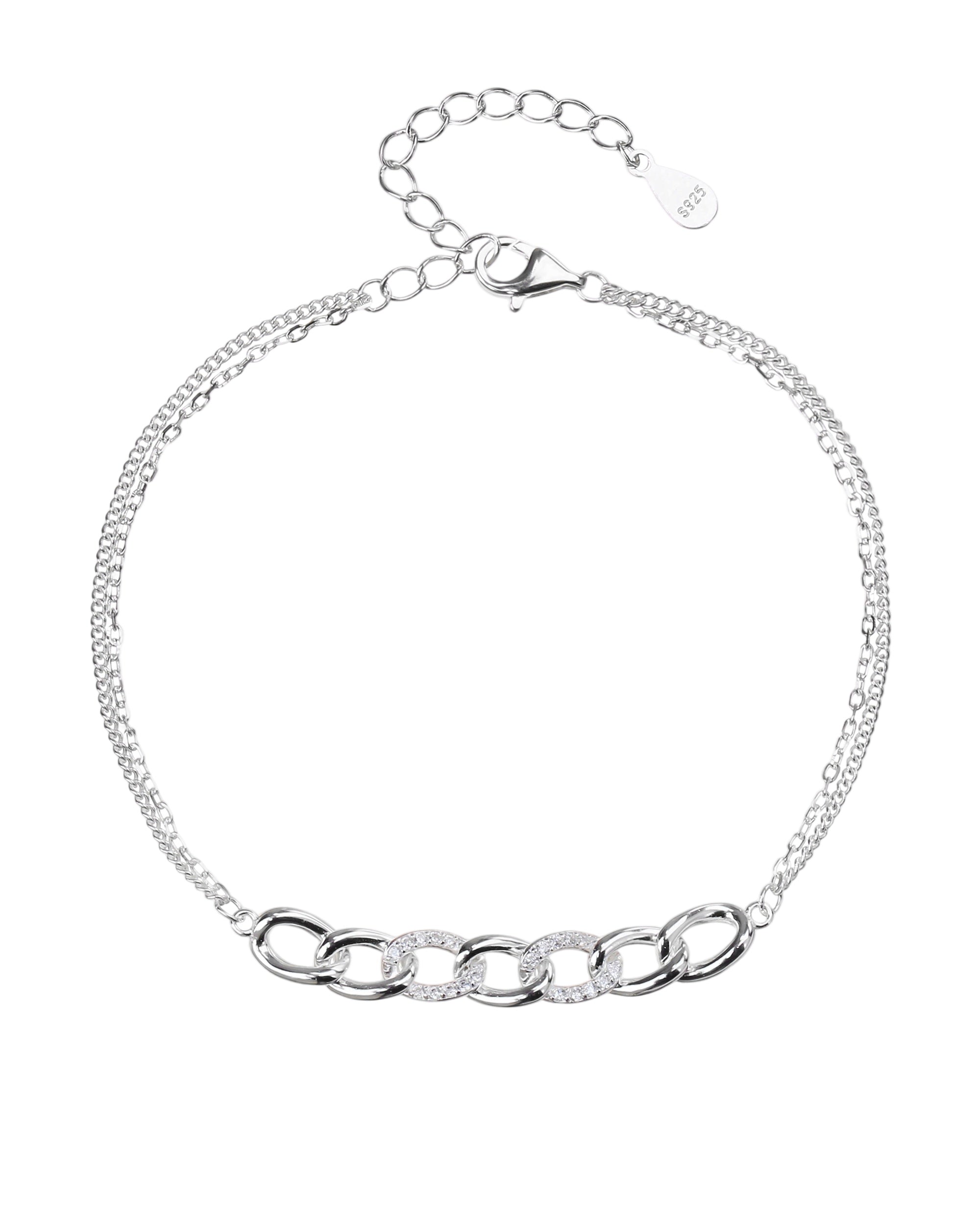 Pulsera doble de eslabones con circonia blanca de 17+3cm en plateado