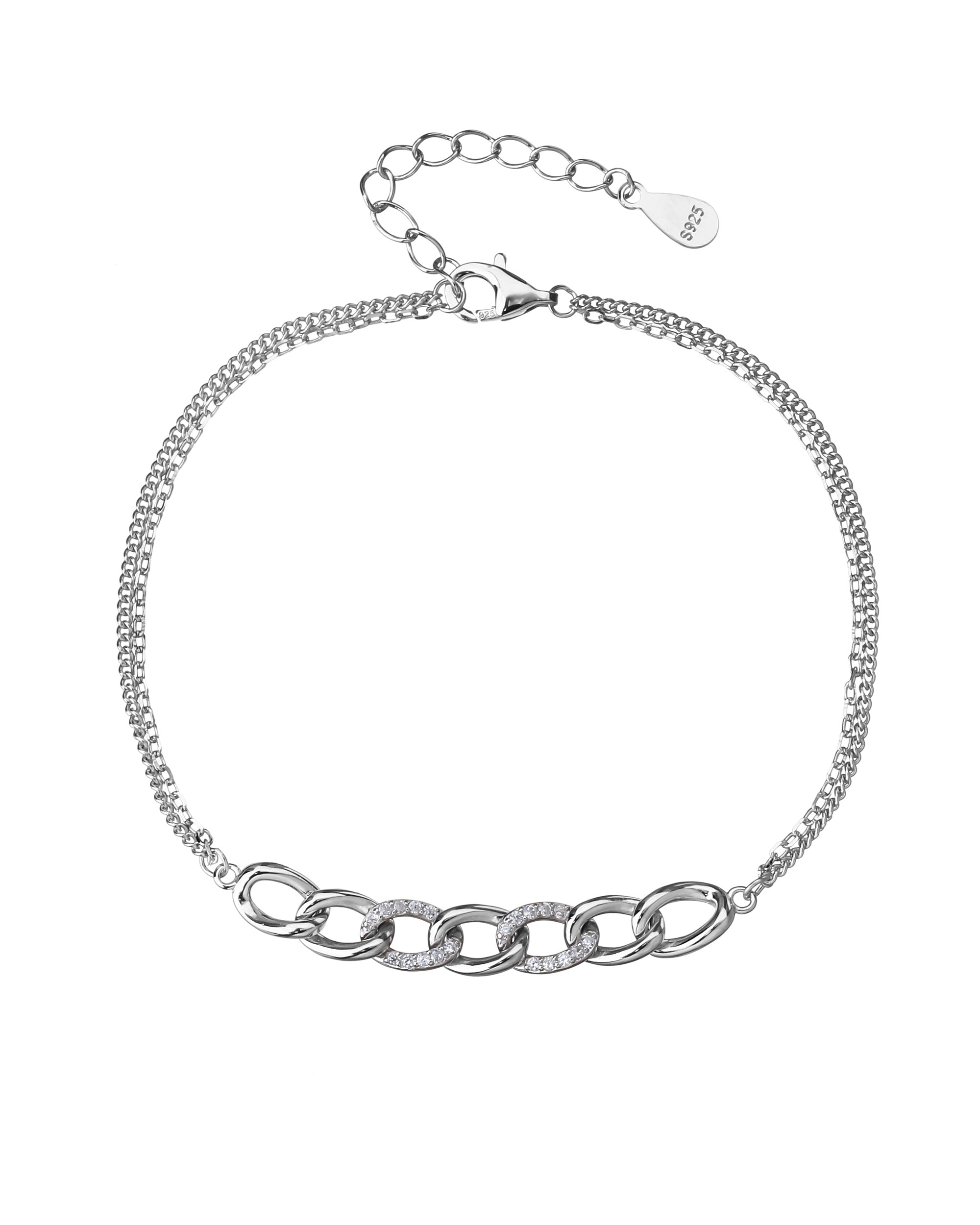 Pulsera doble de eslabones con circonia blanca de 17+3cm en rodizado