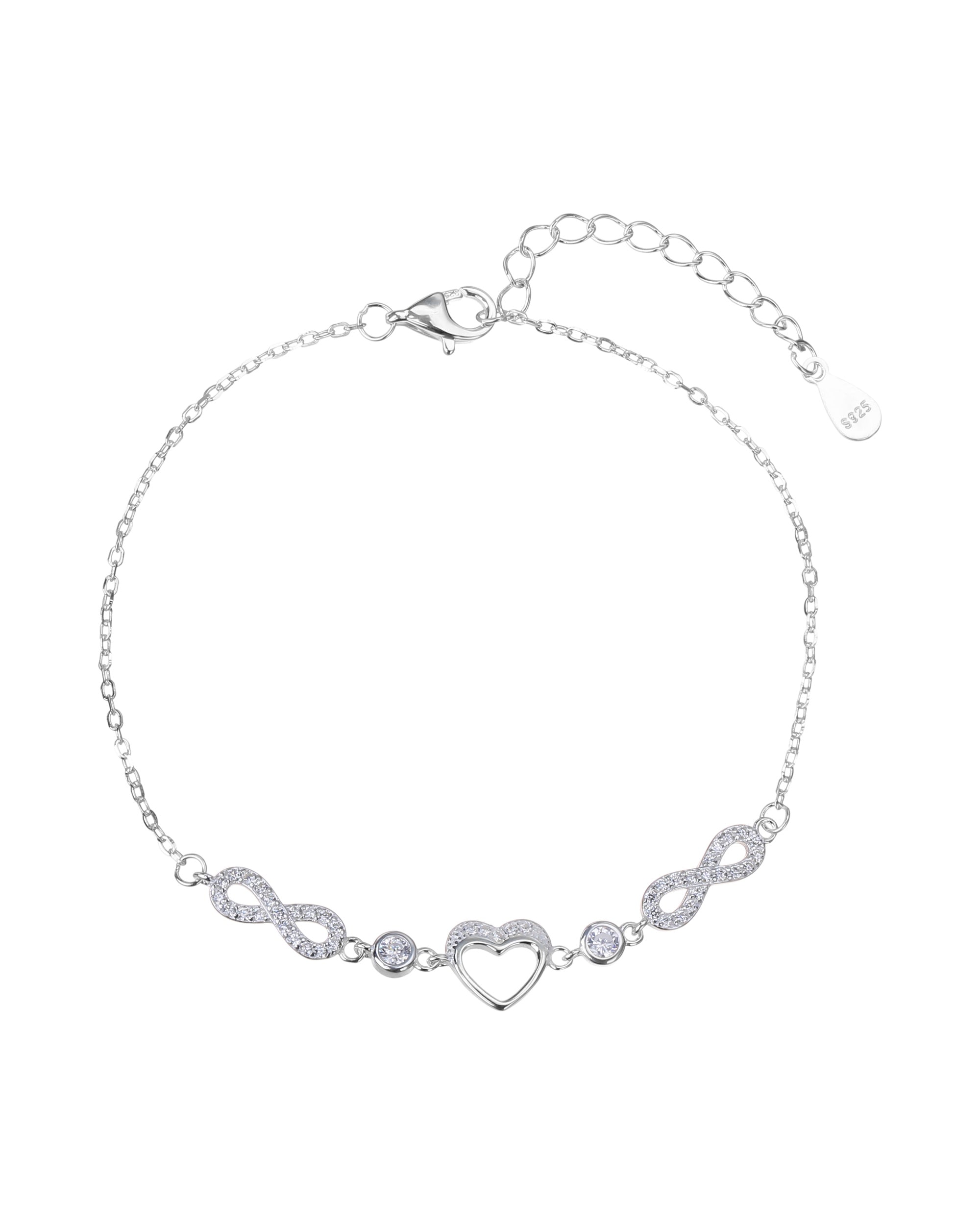 Pulsera sencilla de corazon e infinito con circonia blanca 17+3cm en plateado