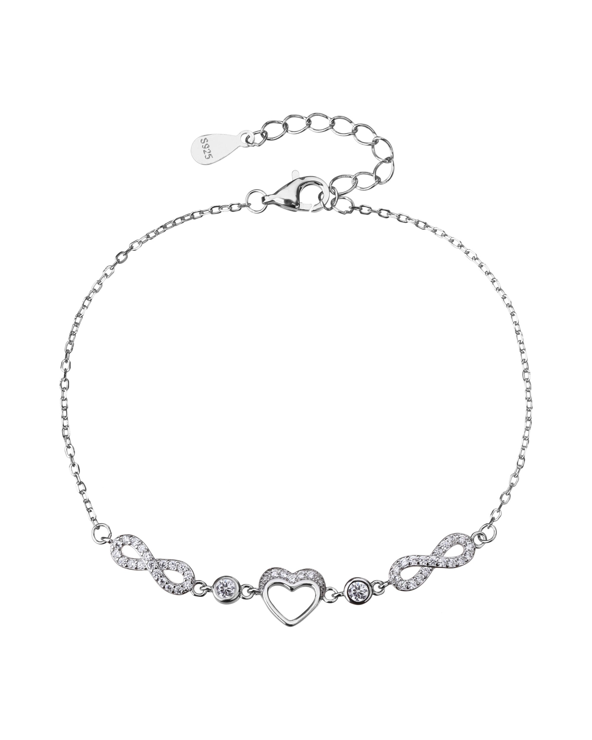 Pulsera sencilla de corazon e infinito con circonia blanca 17+3cm en rodizado
