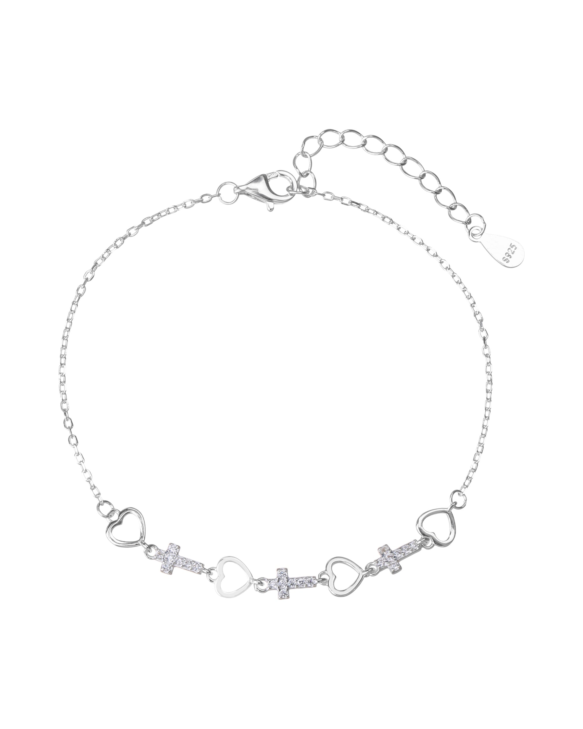 Pulsera sencilla de Cruz y corazon con circonia blanca 17+3cm en plateado