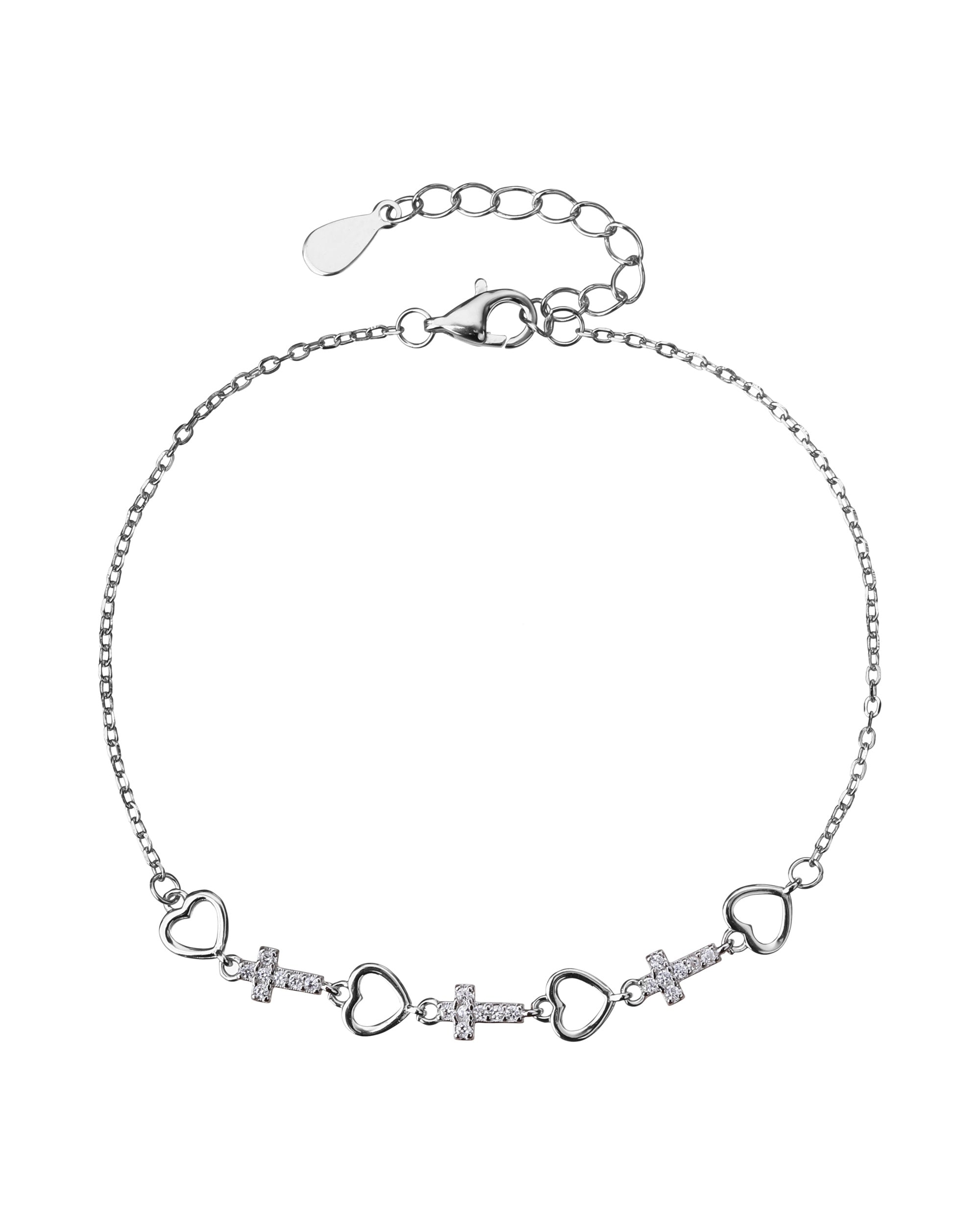 Pulsera sencilla de Cruz y corazon con circonia blanca 17+3cm en plateado