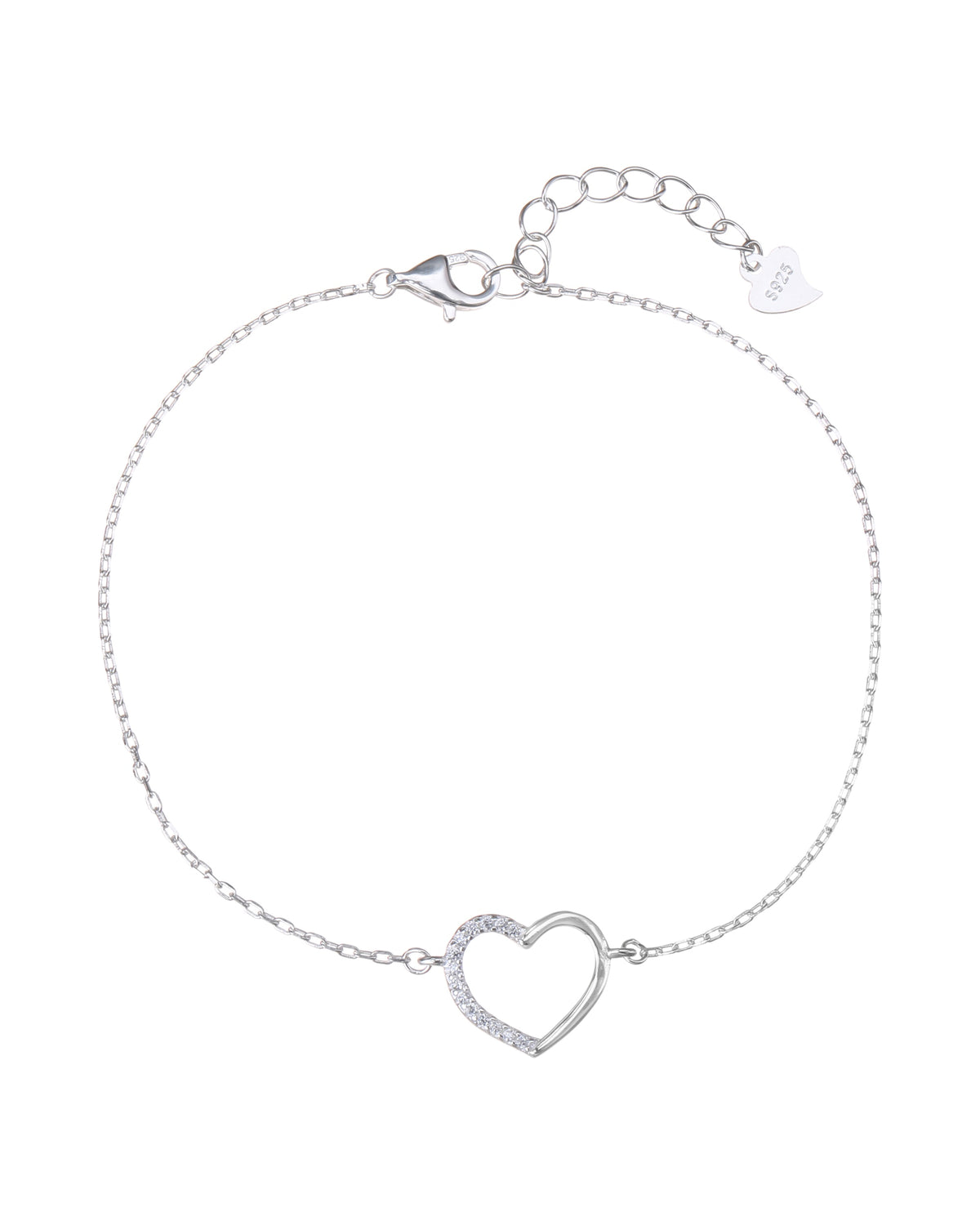 Pulsera sencilla de corazon con circonia blanca 17+3cm en plateado
