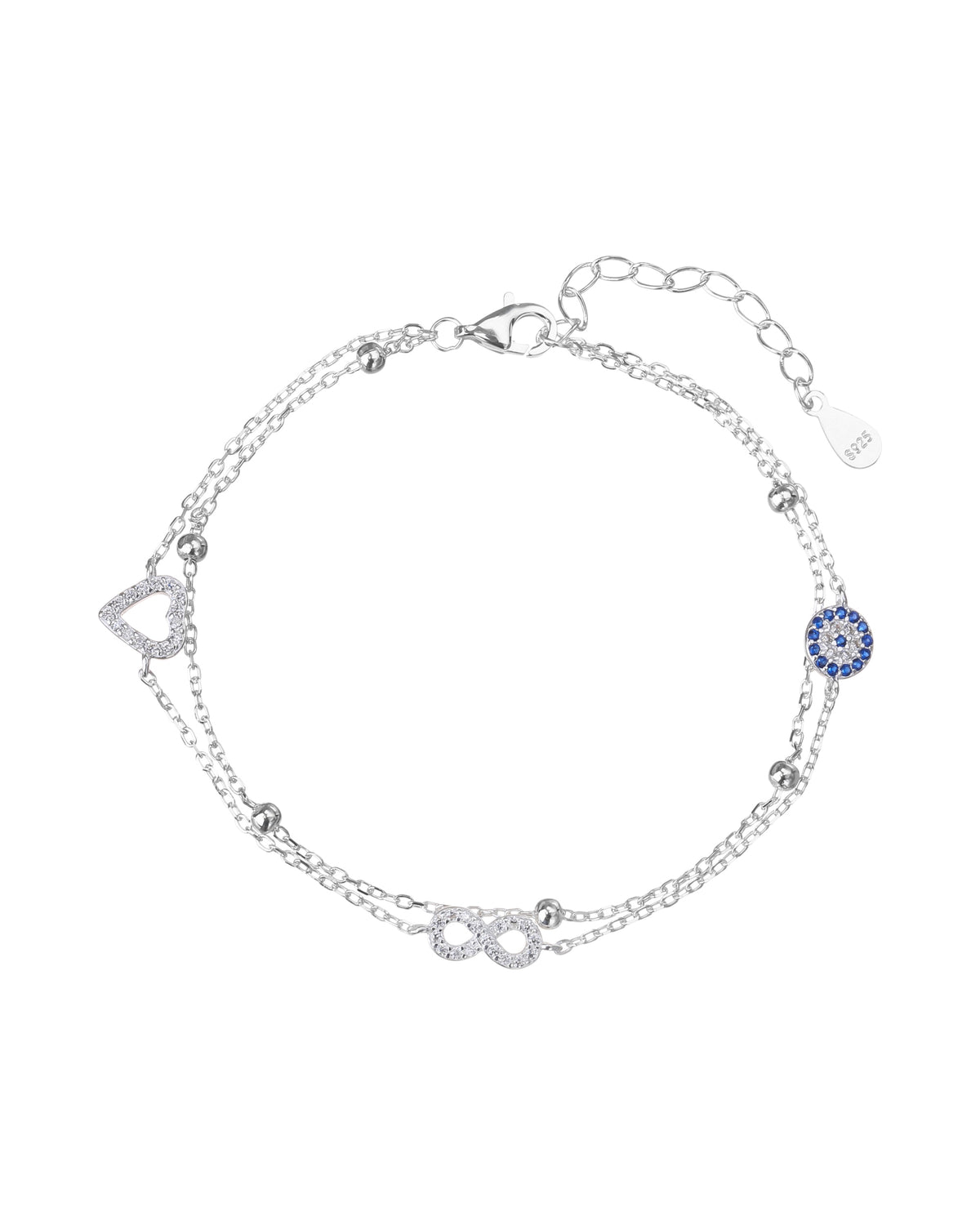 Pulsera doble con corazon infinito y circulo con circonia multicolor 17+3cm en plateado