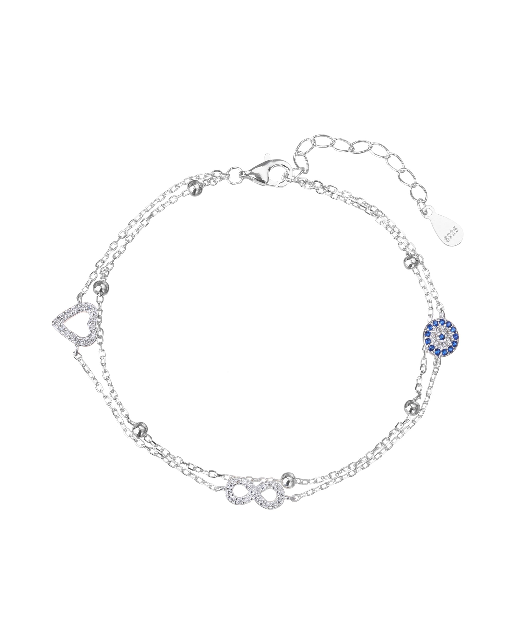 Pulsera doble con corazon infinito y circulo con circonia multicolor 17+3cm en plateado