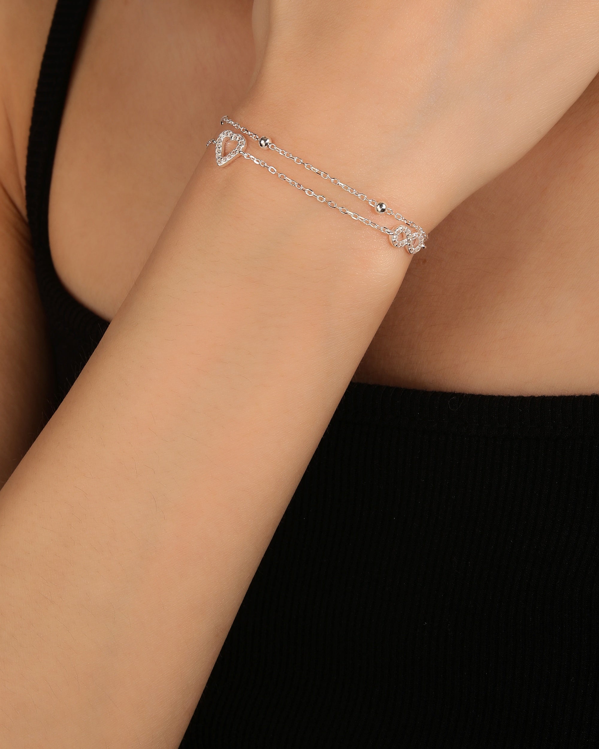 Pulsera doble con corazon infinito y circulo con circonia multicolor 17+3cm en plateado
