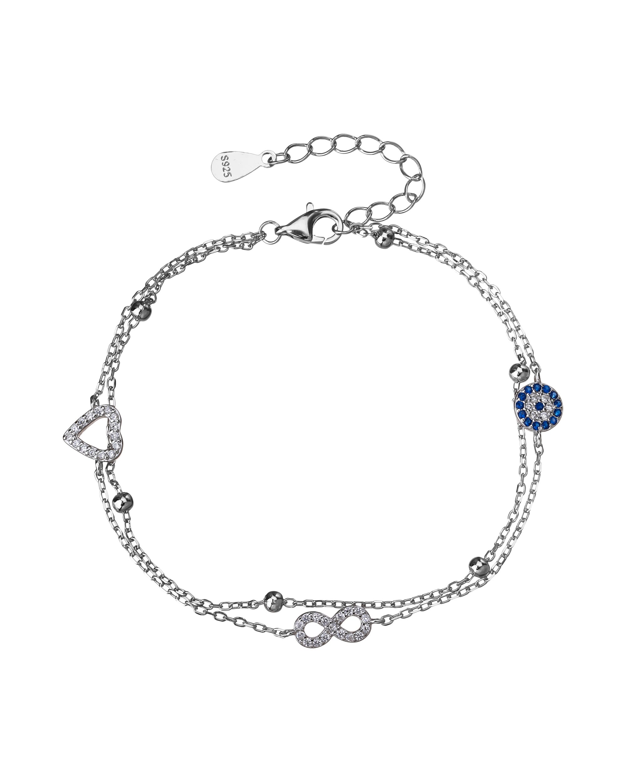Pulsera doble con corazon infinito y circulo con circonia multicolor 17+3cm en rodizado