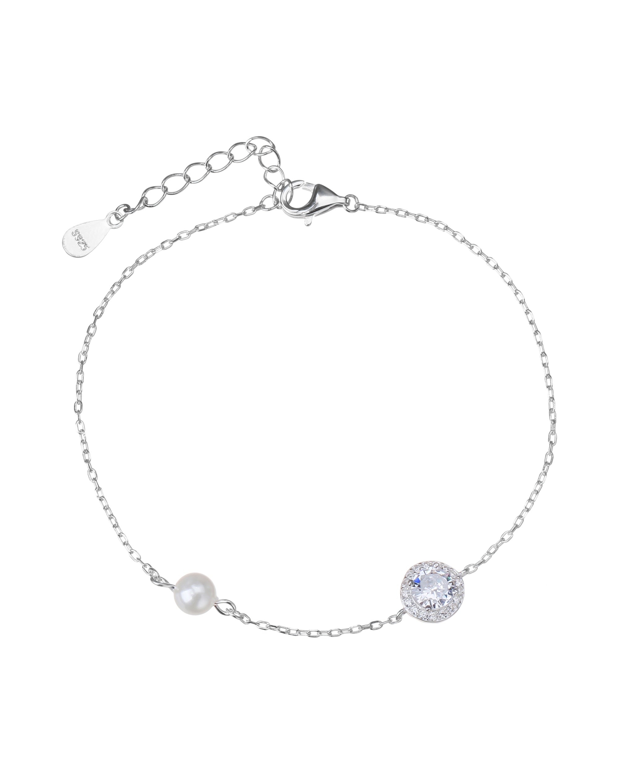 Pulsera sencilla con circonia redonda blanca y perla 17+3cm en plateado