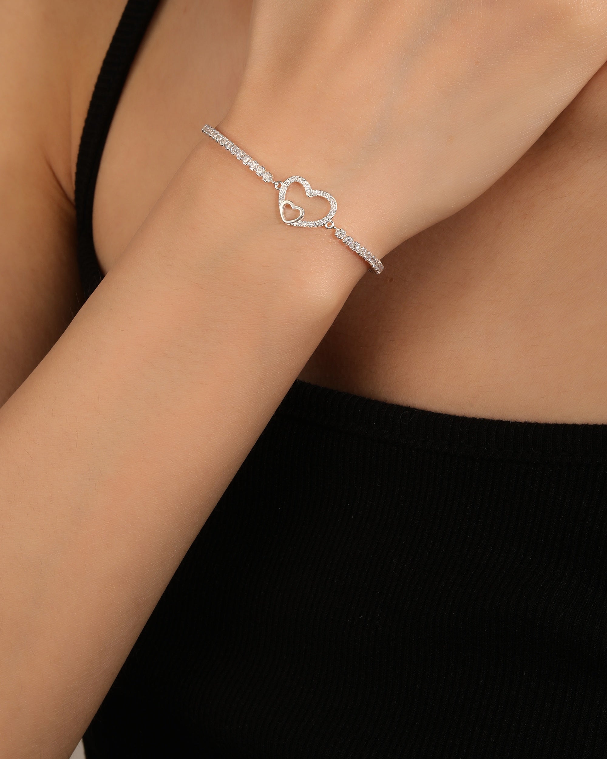 Pulsera de tenis 1.75mm de corazones con circonia blanca 17+3cm en plateado