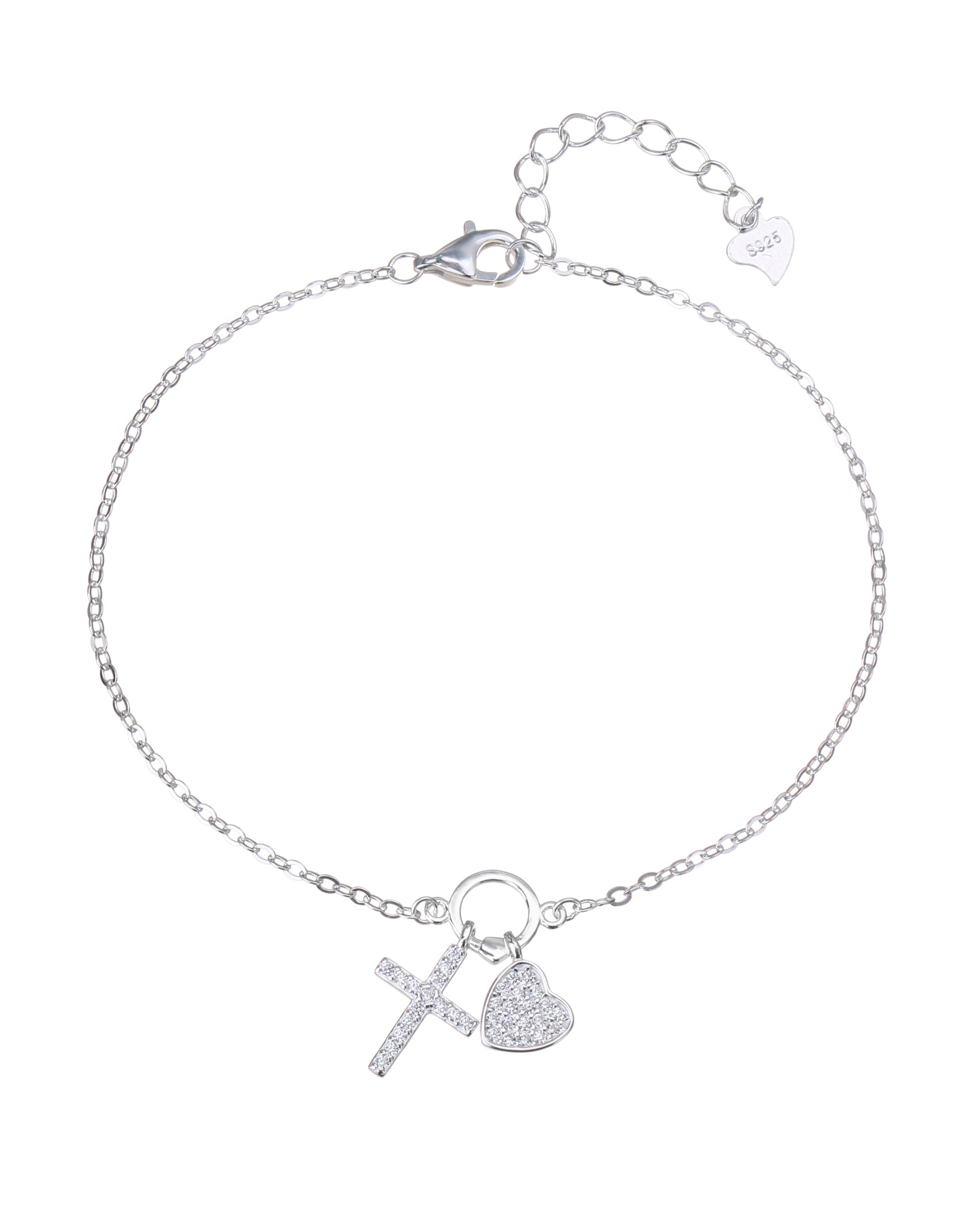 Pulsera de cruz/corazon con circonia blanca de 17+3cm en plateado