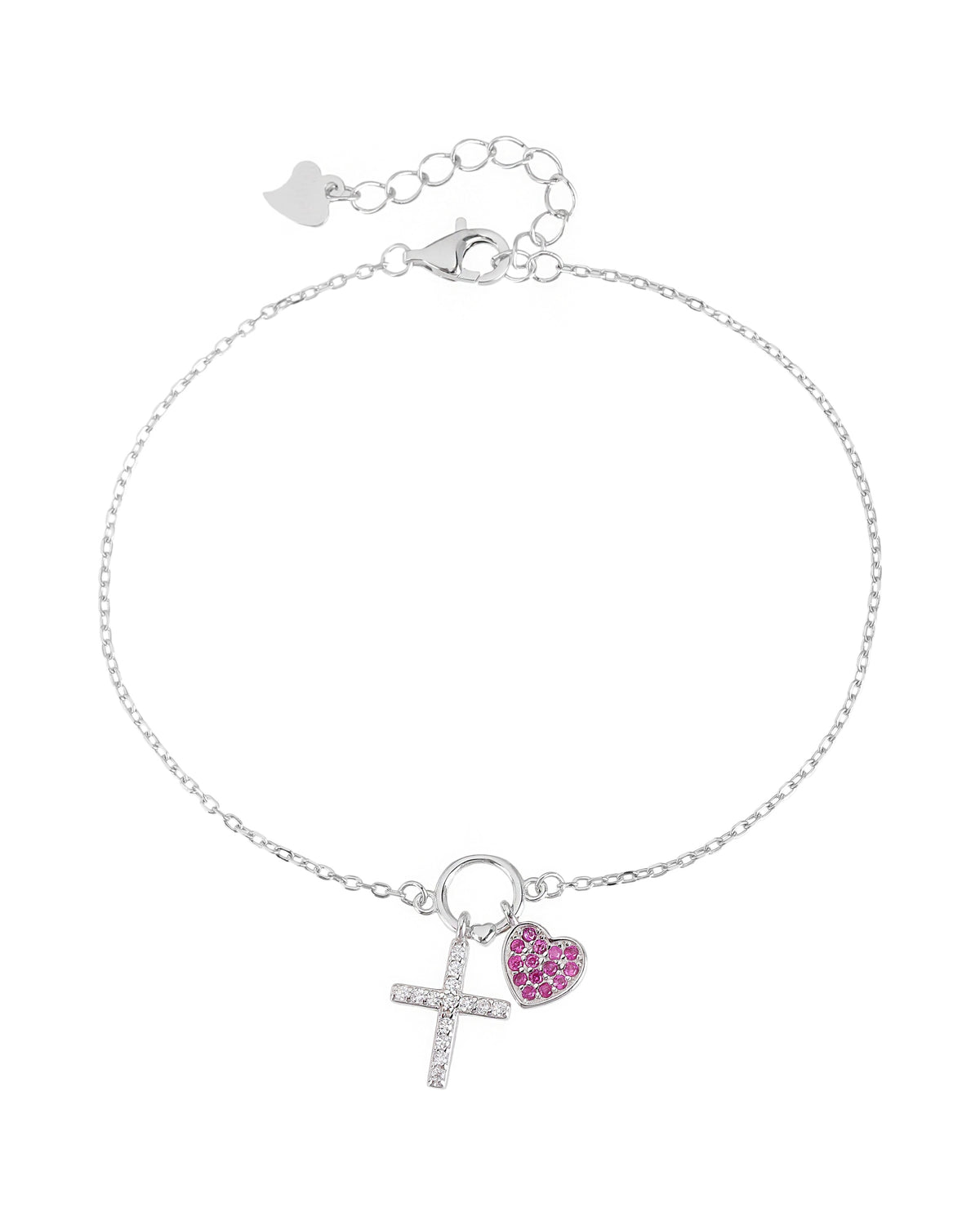 Pulsera de cruz y corazón con circonia 17+3cm en rodizado
