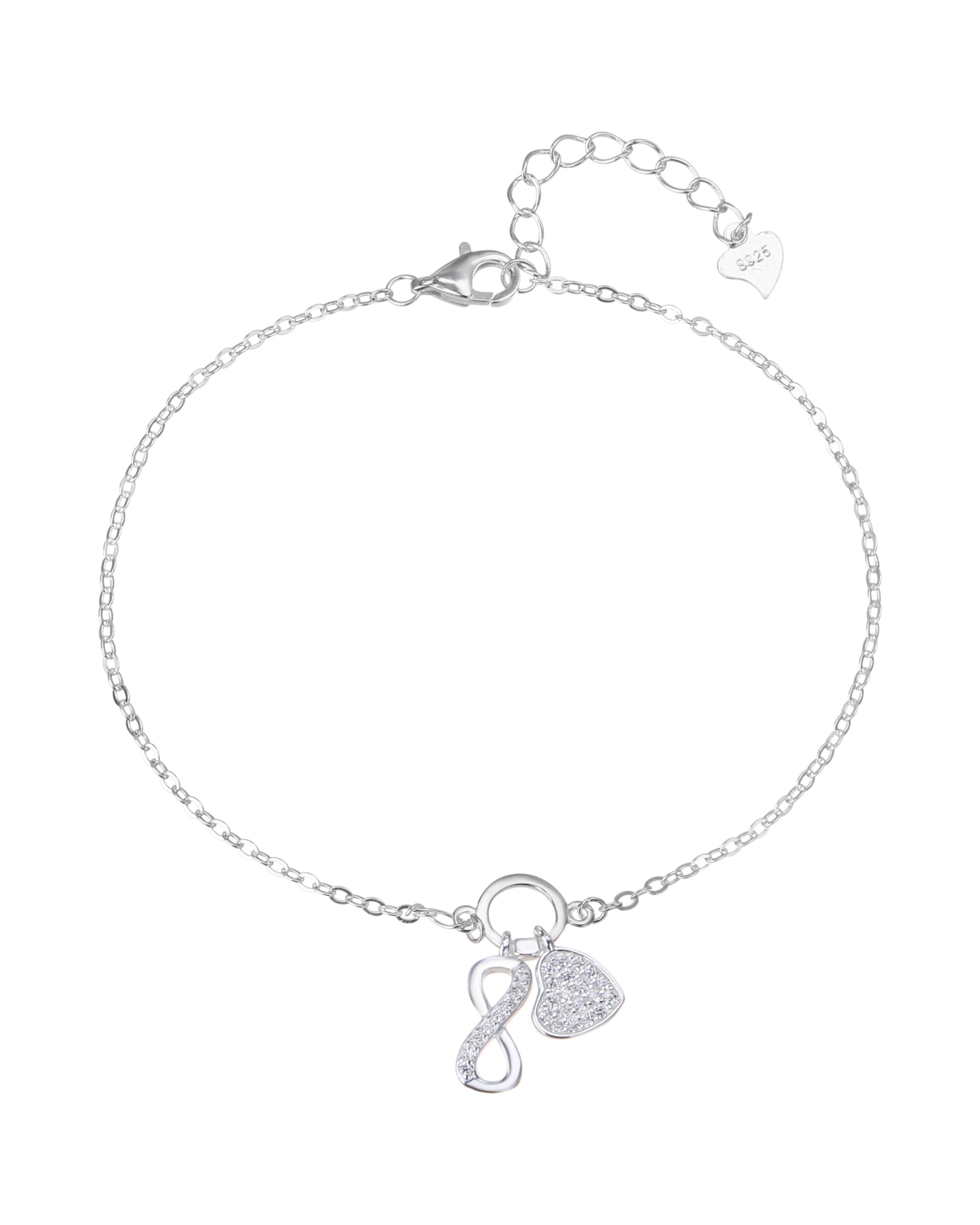 Pulsera sencilla de corazon e infinito con circonia blanca 17+3cm en plateado