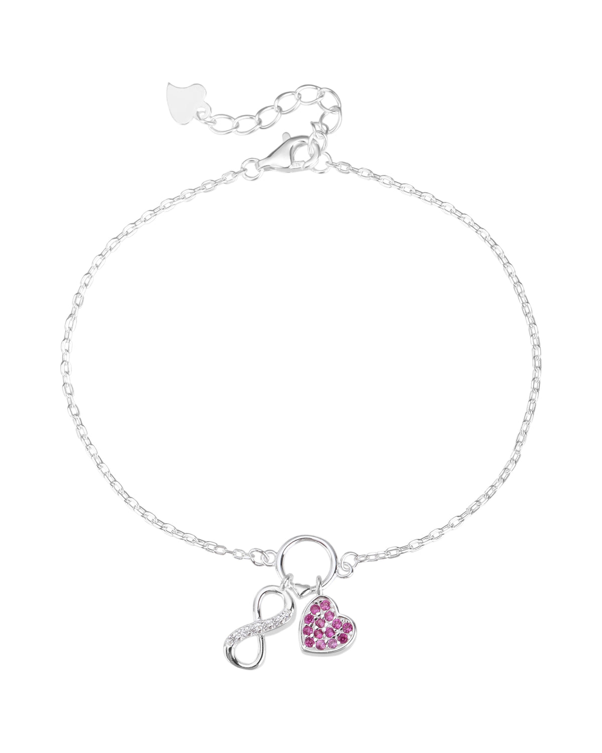 Pulsera sencilla de corazón e infinito con circonia 17+3cm en plateado