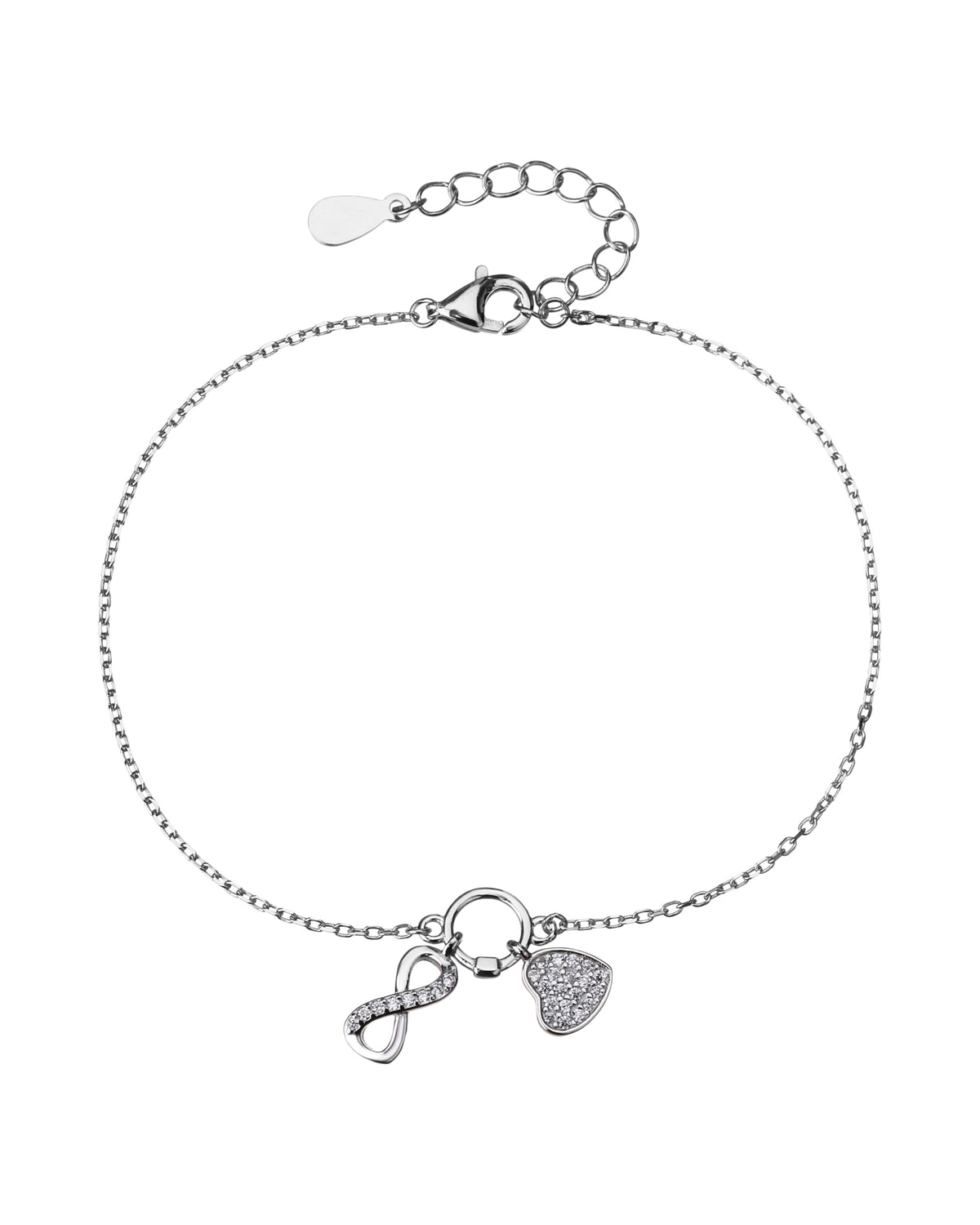 Pulsera sencilla de corazon e infinito con circonia blanca 17+3cm en rodizado